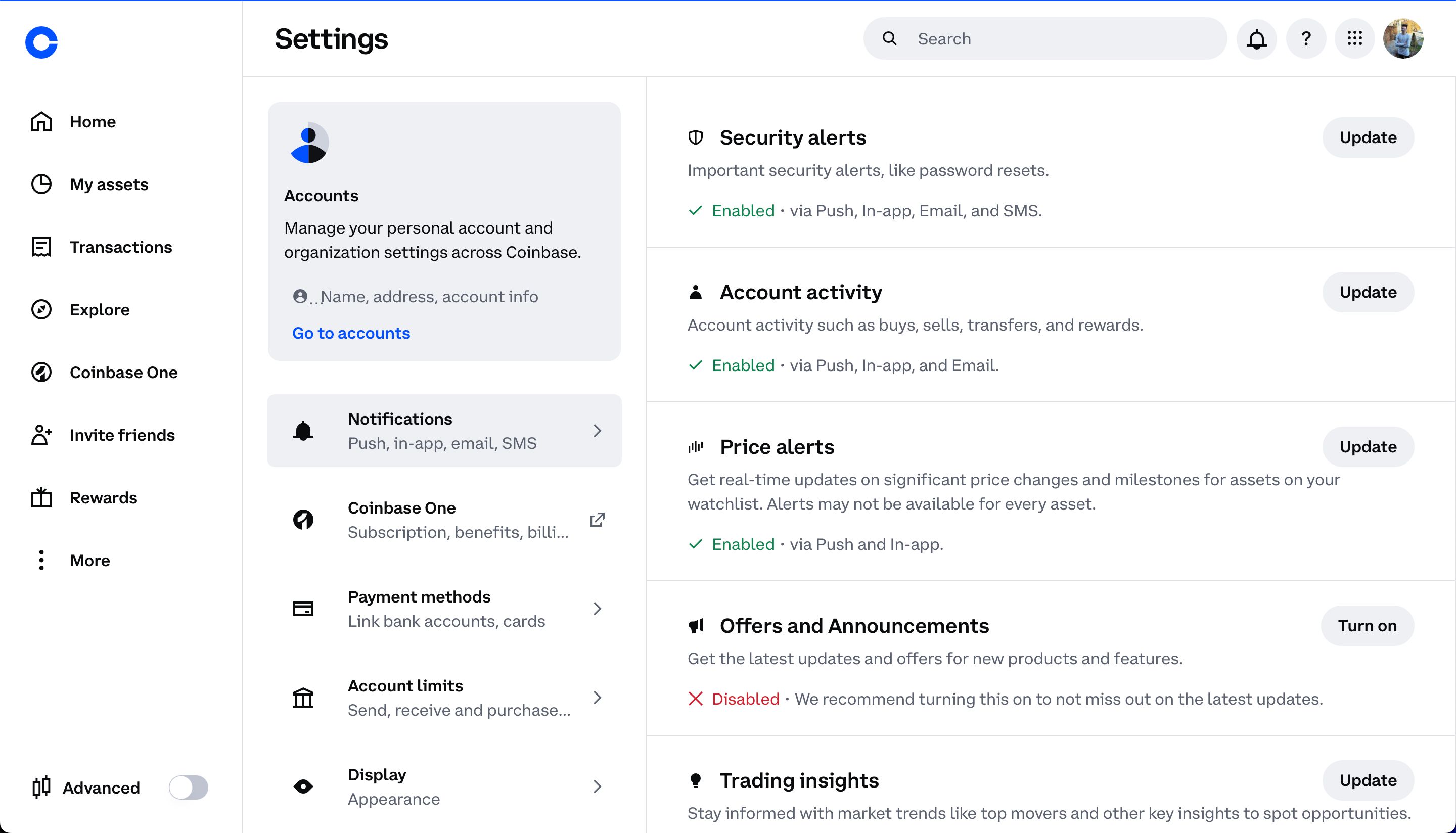 settings (Coinbase)