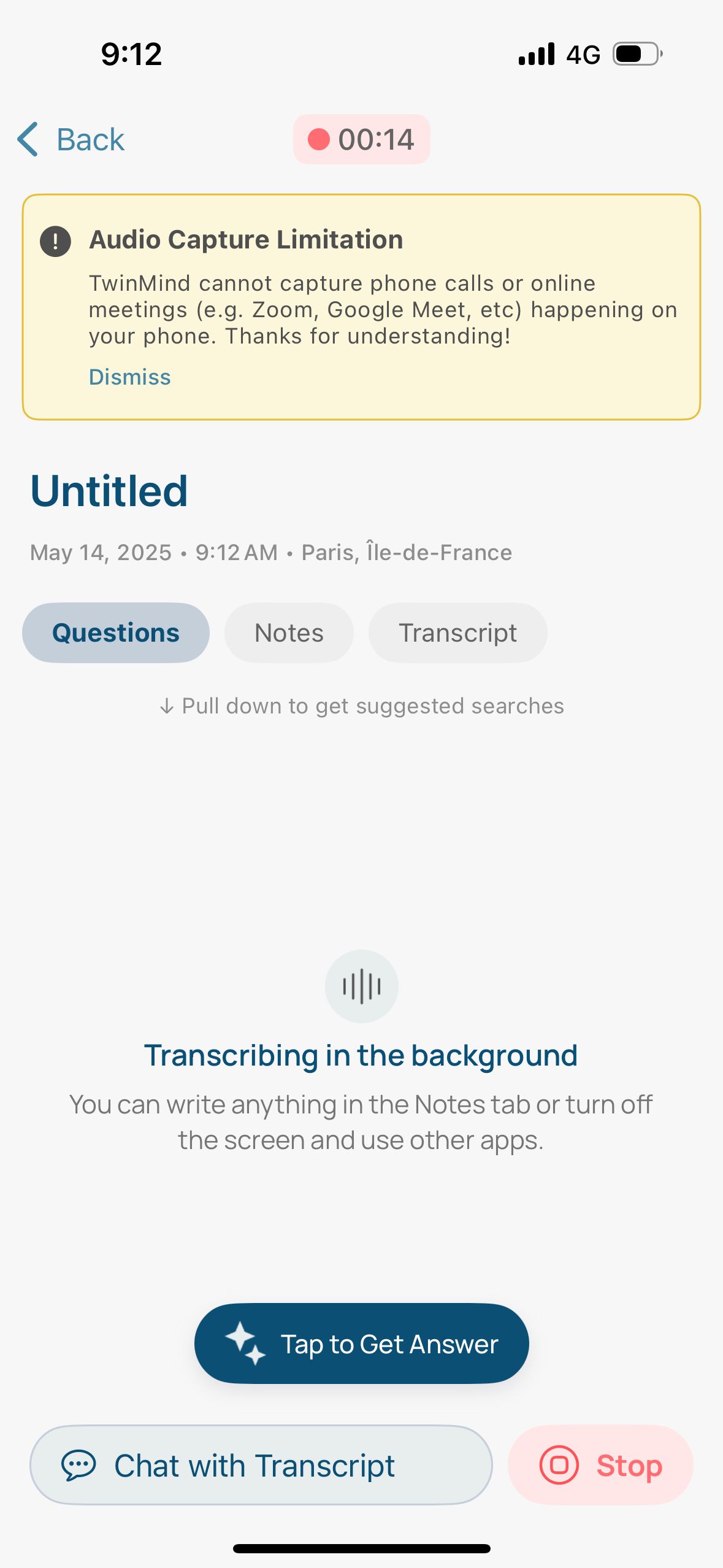 Transcription screen (TwinMind)