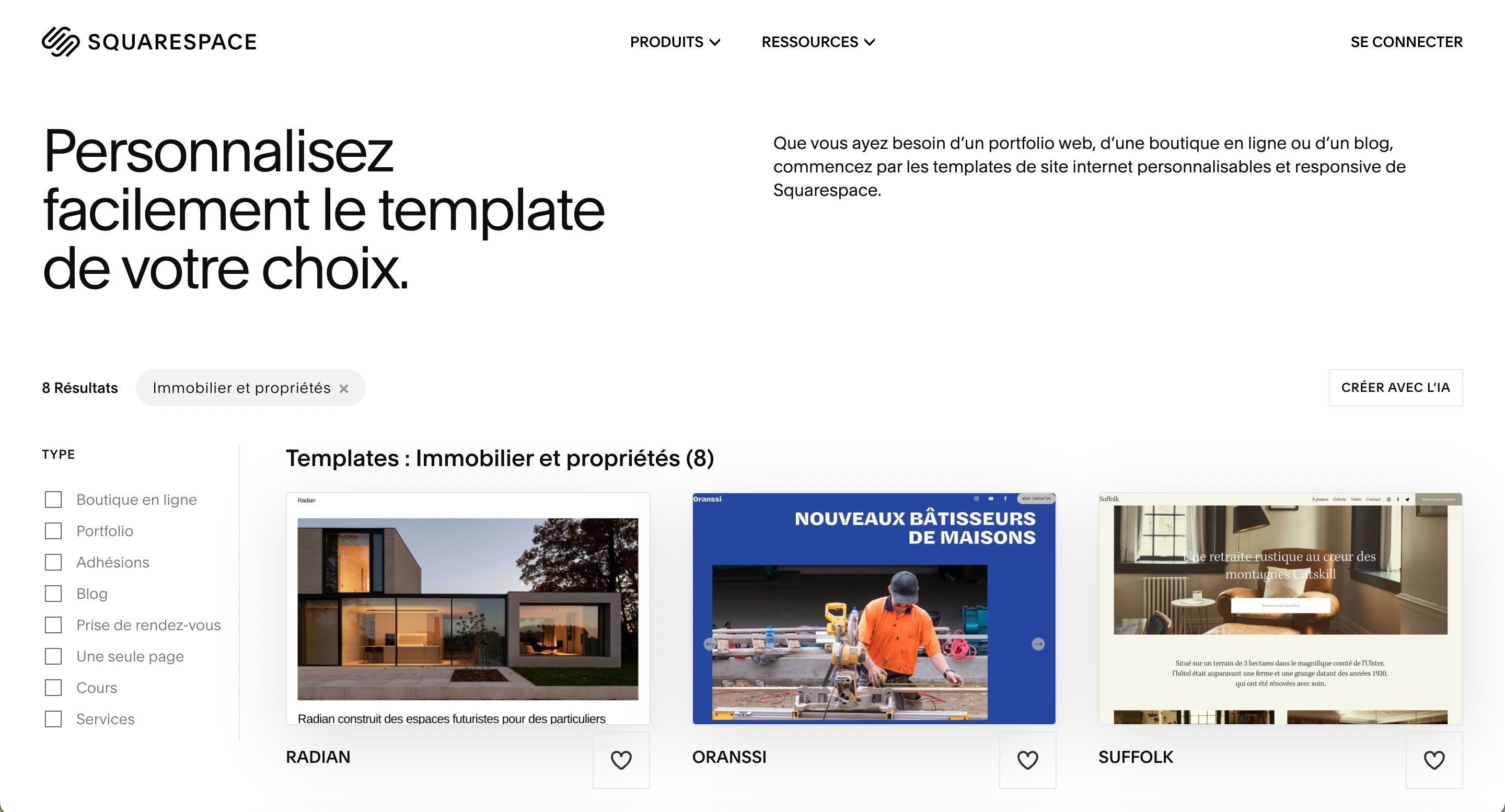 template selection (Squarespace)