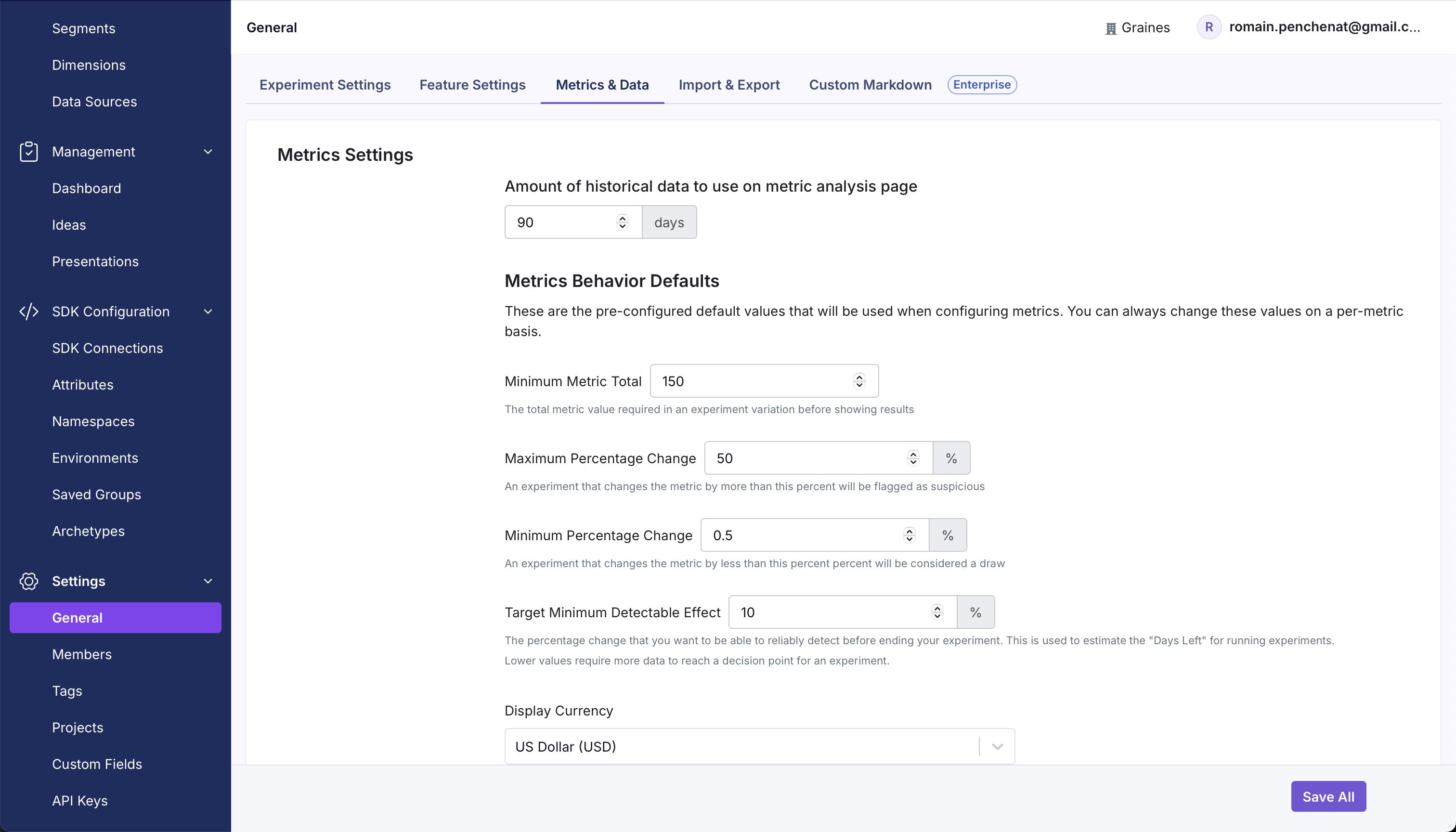 Settings Panel (Growthbook)
