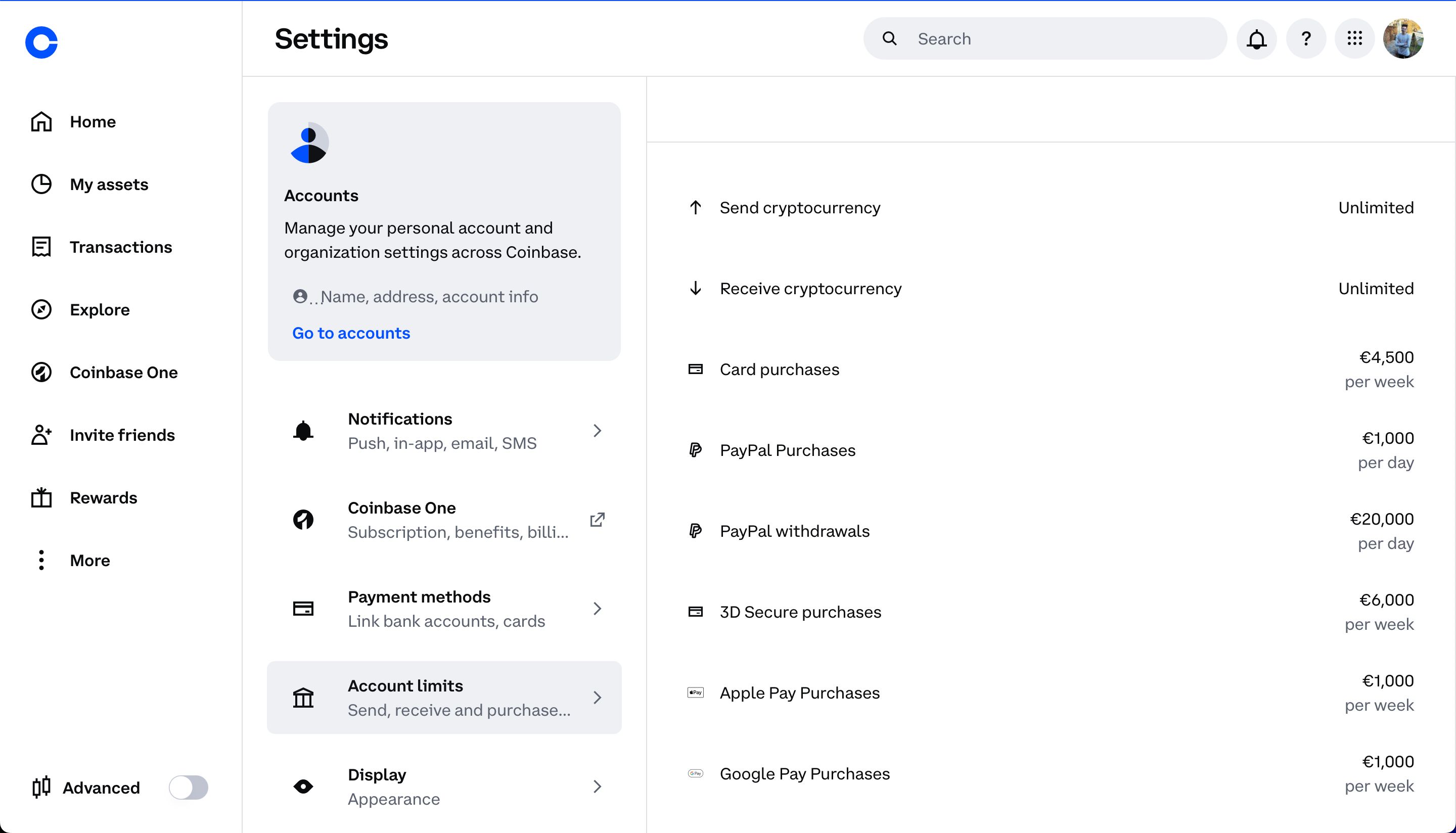 settings (Coinbase)