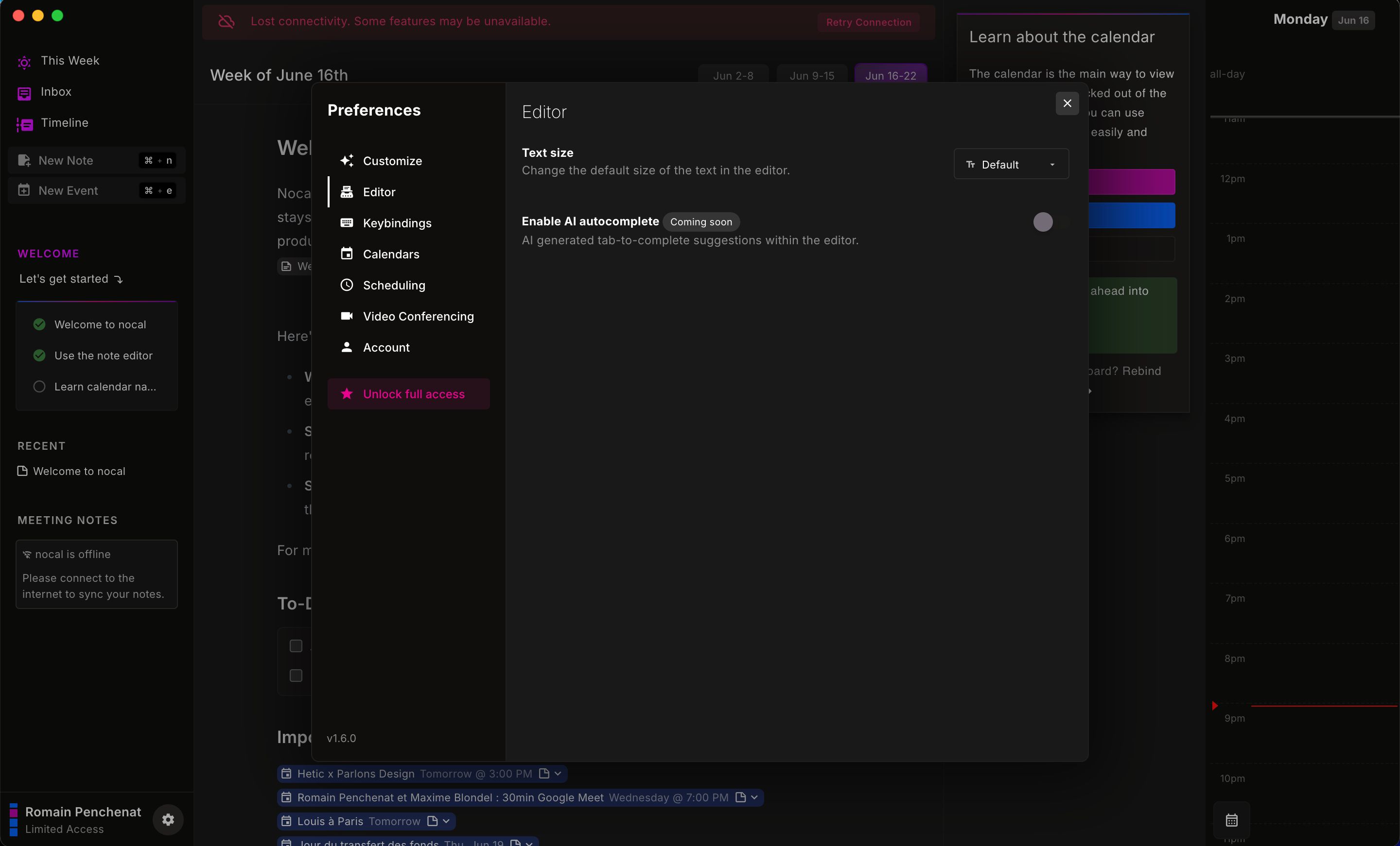 Preferences / Settings (Nocal)