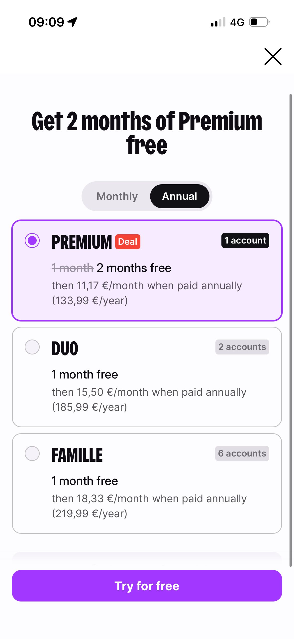 subscription plan selection (Deezer)