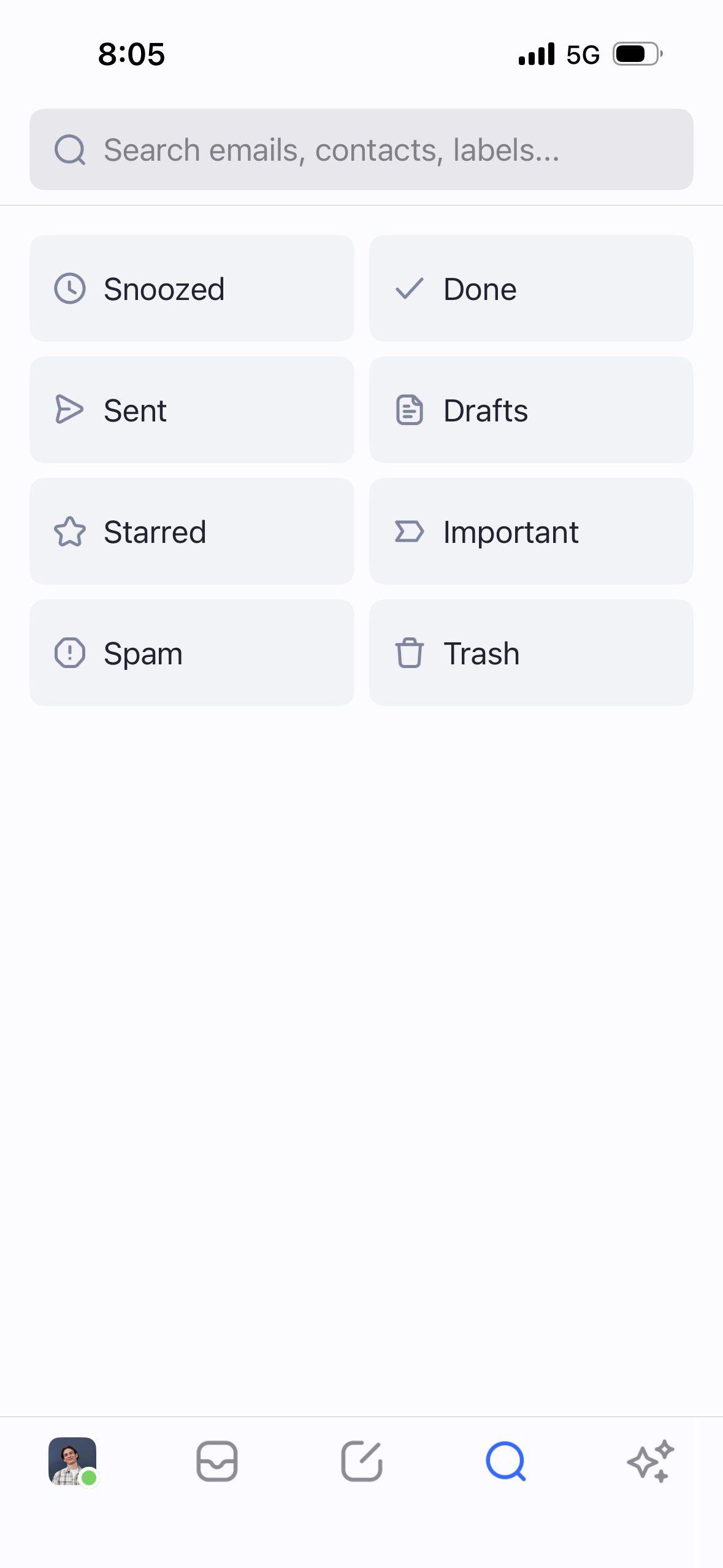 Email folders and search screen