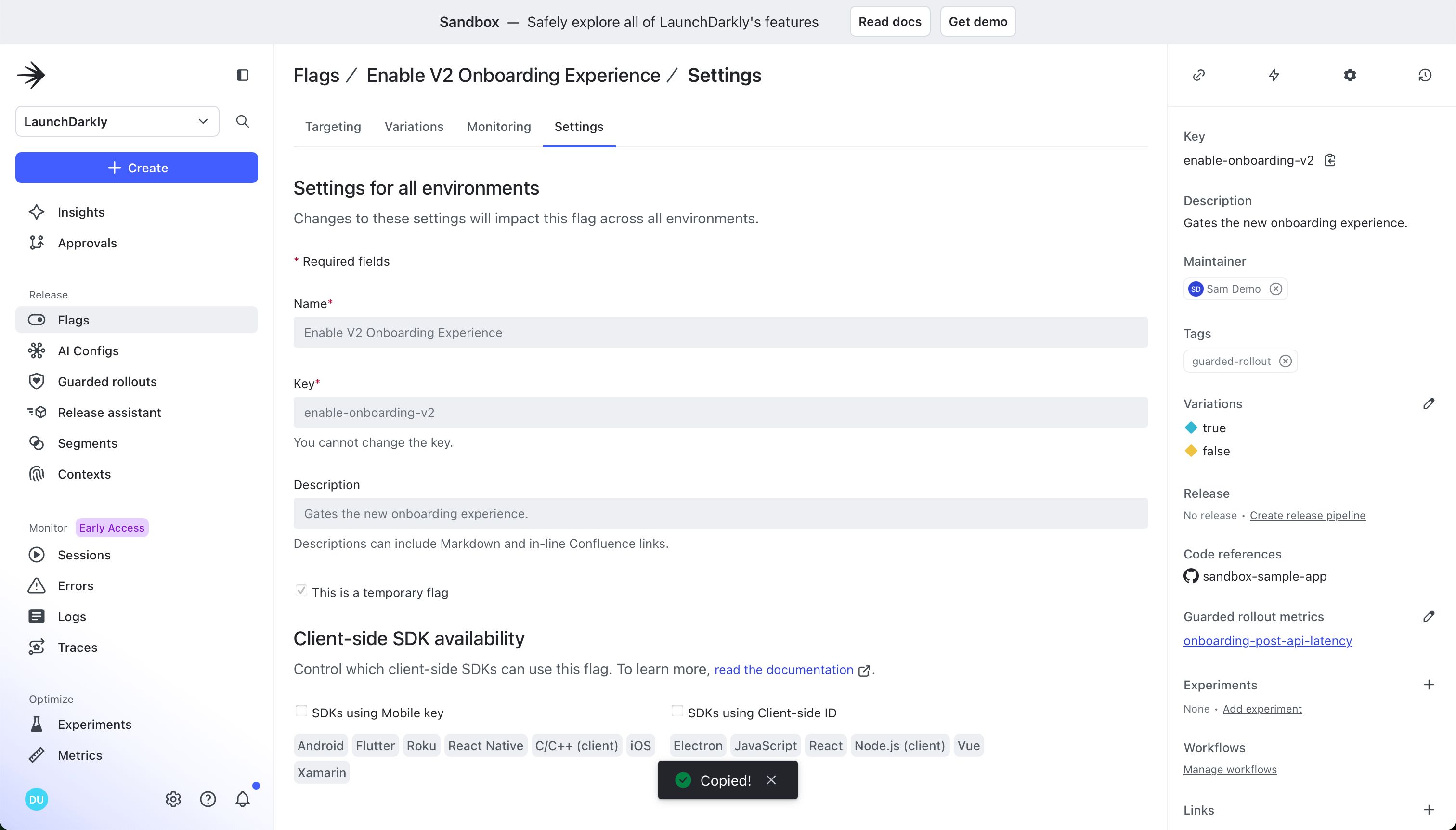 Settings / Configuration (LaunchDarkly)
