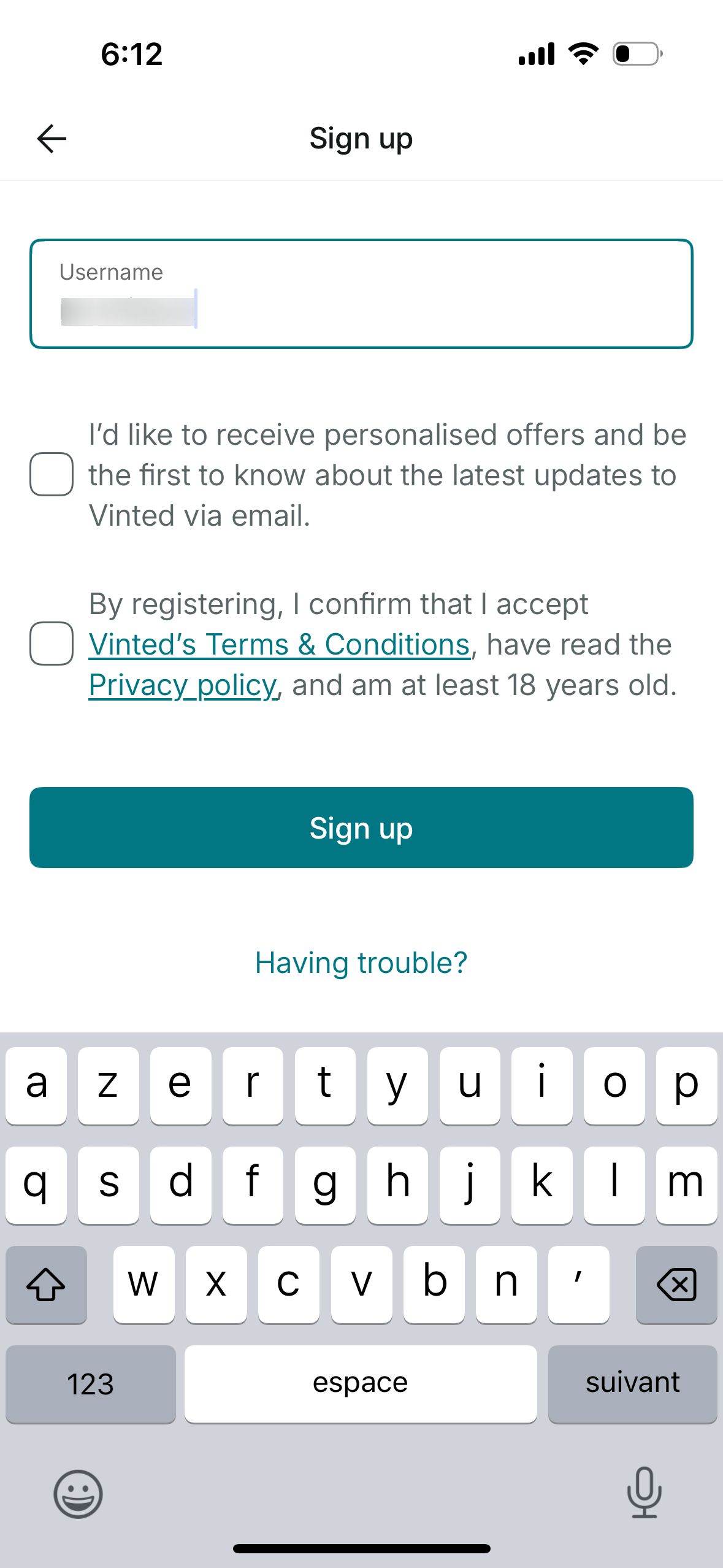 sign-up (Vinted)