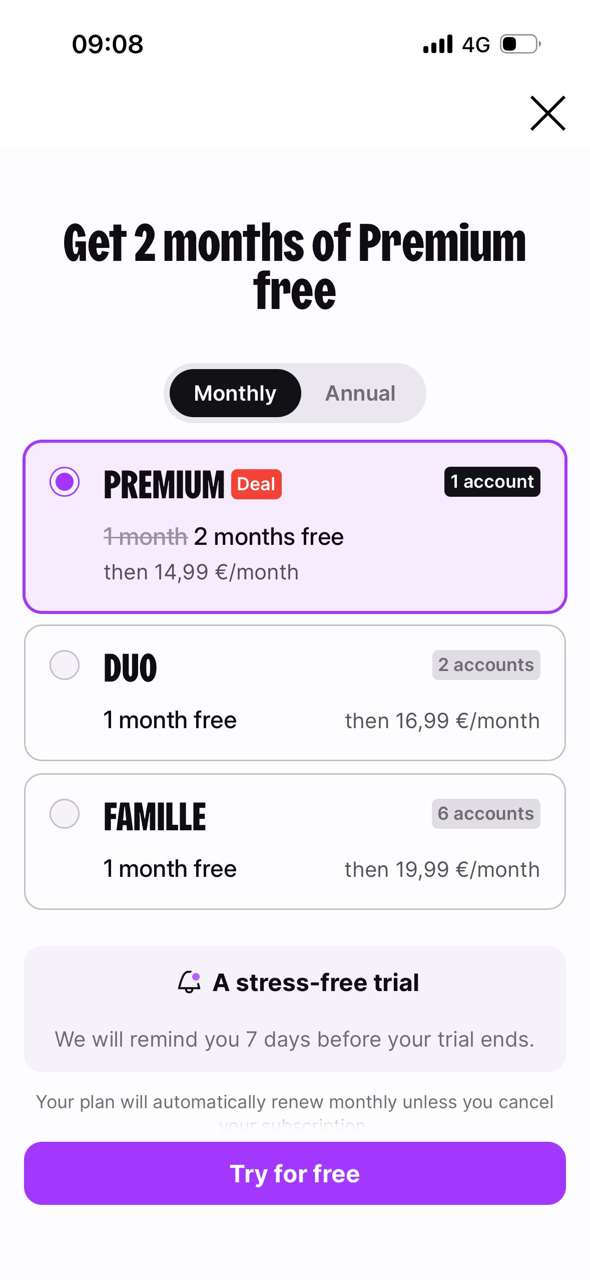 subscription plan selection (Deezer)