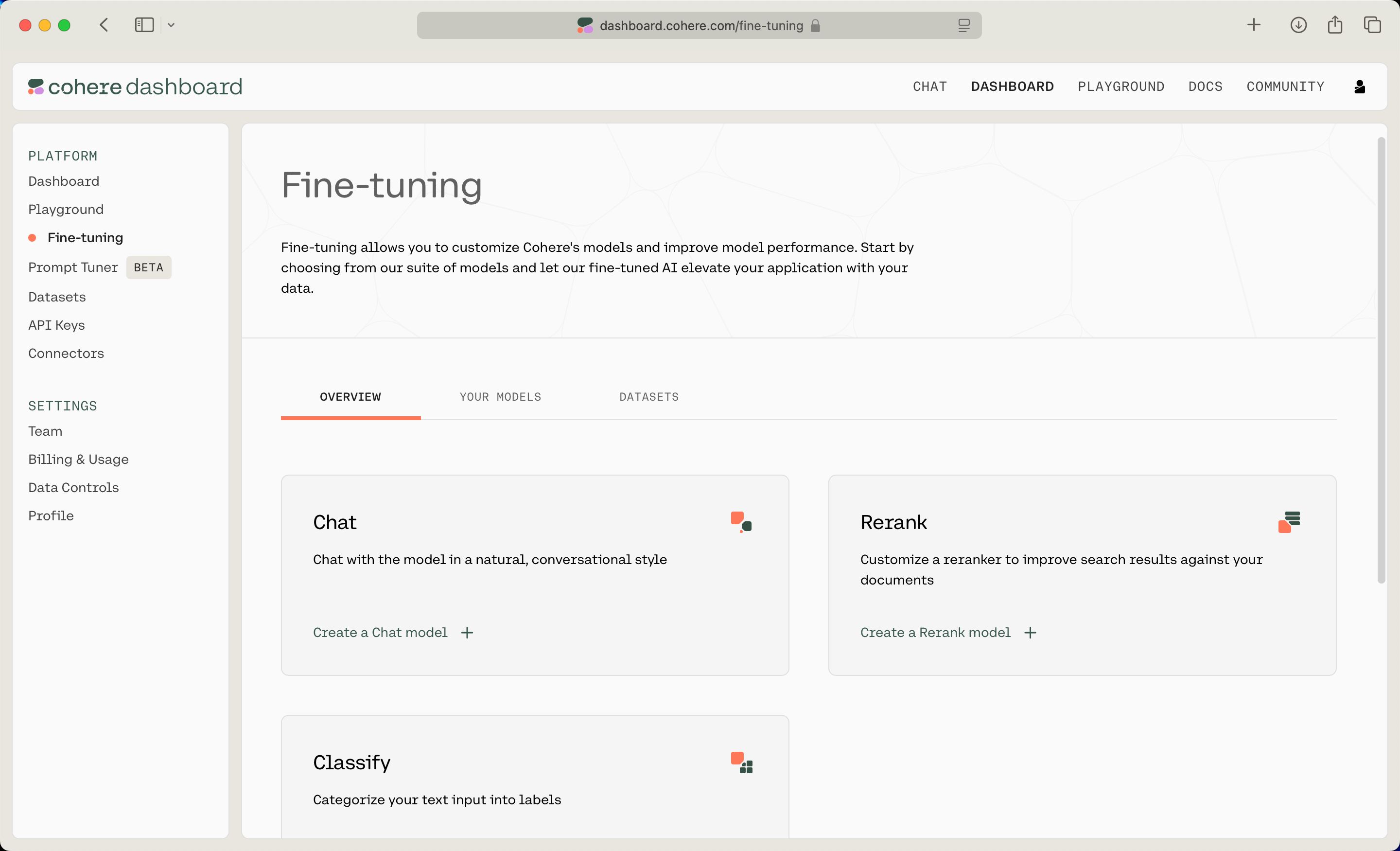 settings (Cohere Dashboard)