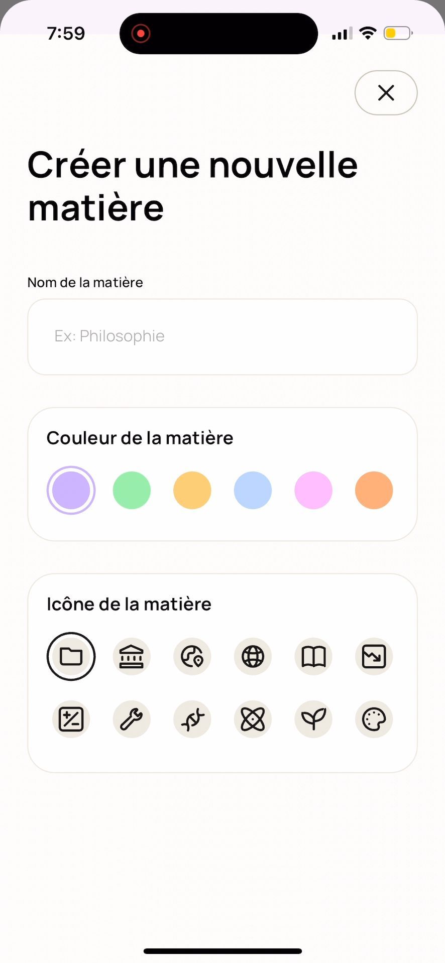 settings (Créer une nouvelle matière)