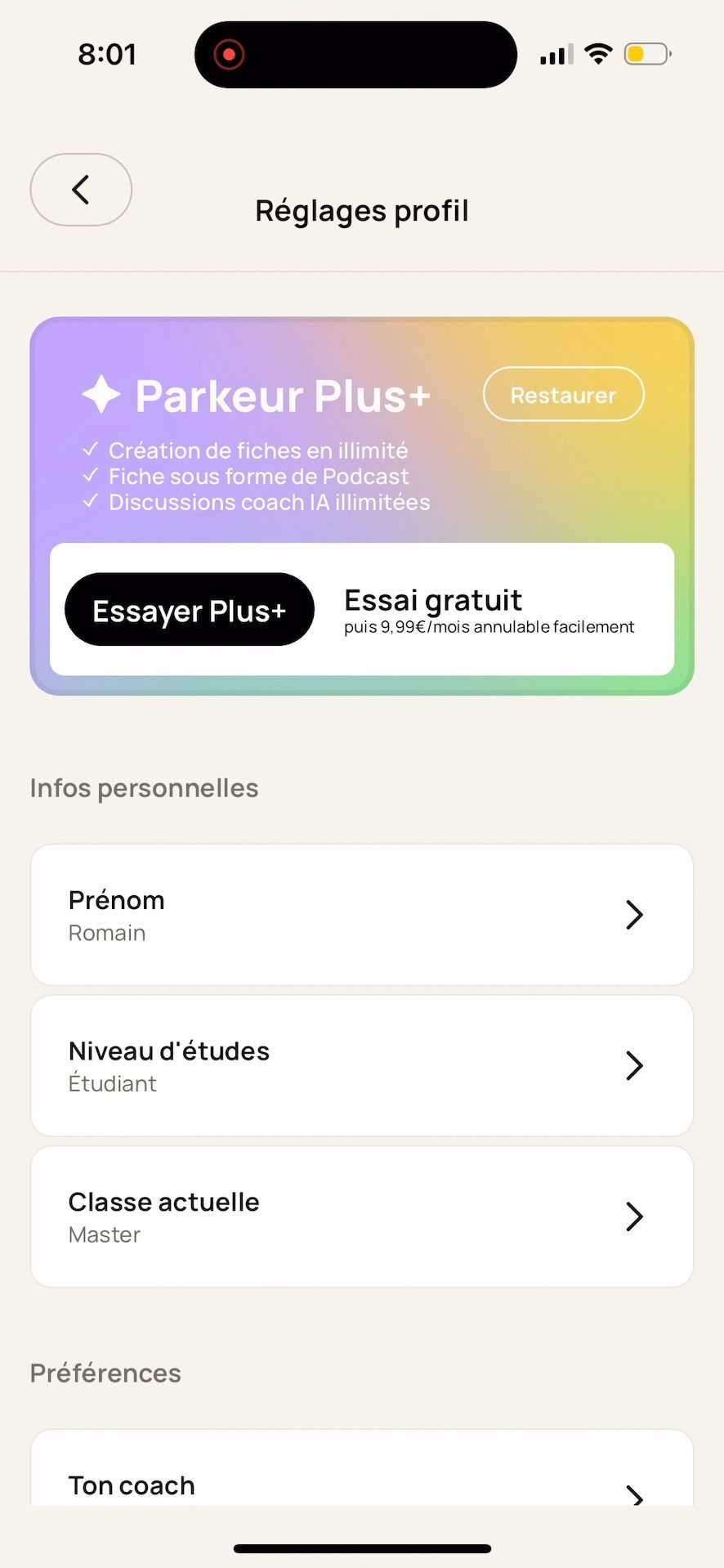 settings (Parkeur Plus+)