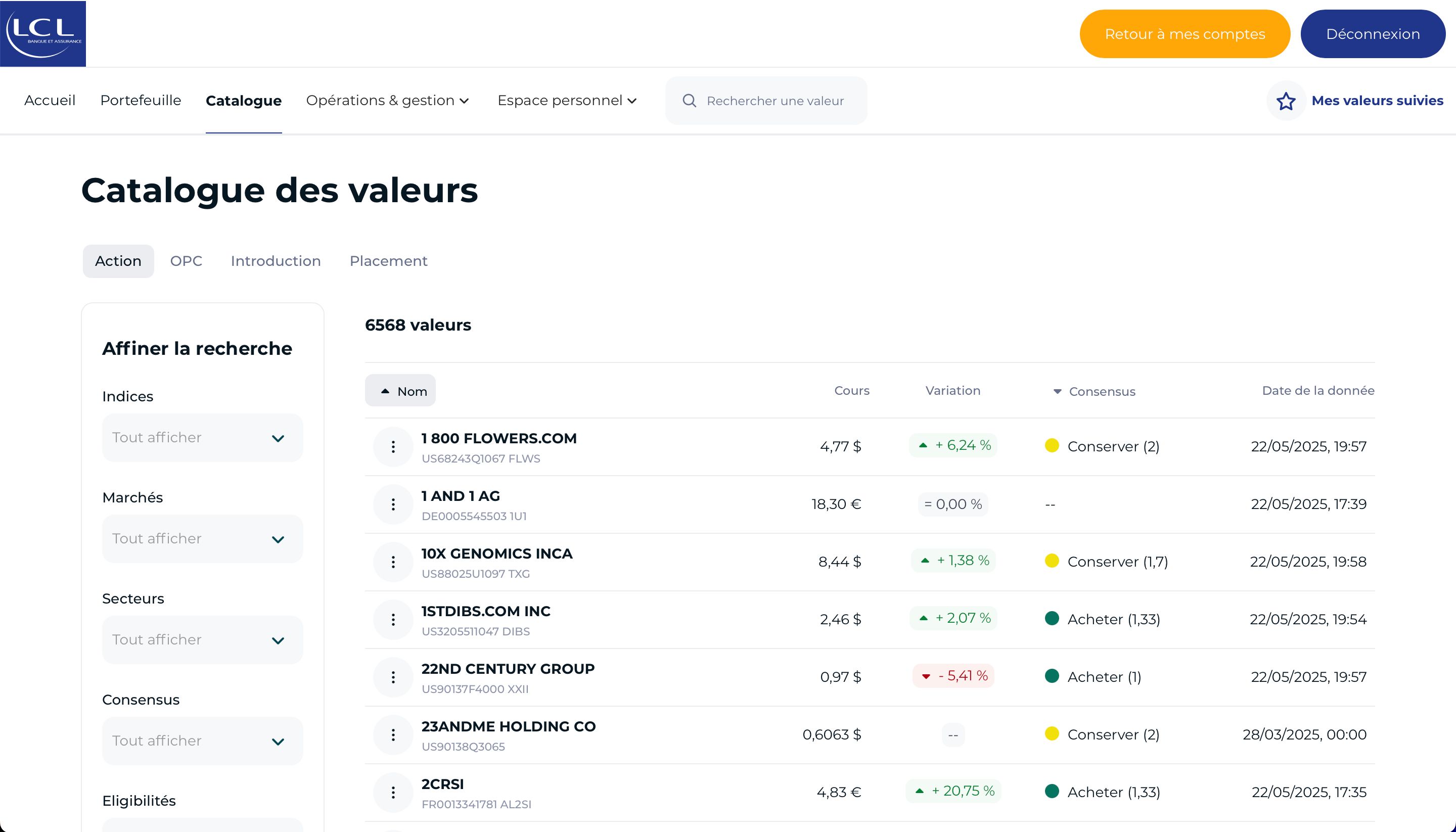 data table (LCL Bourse)