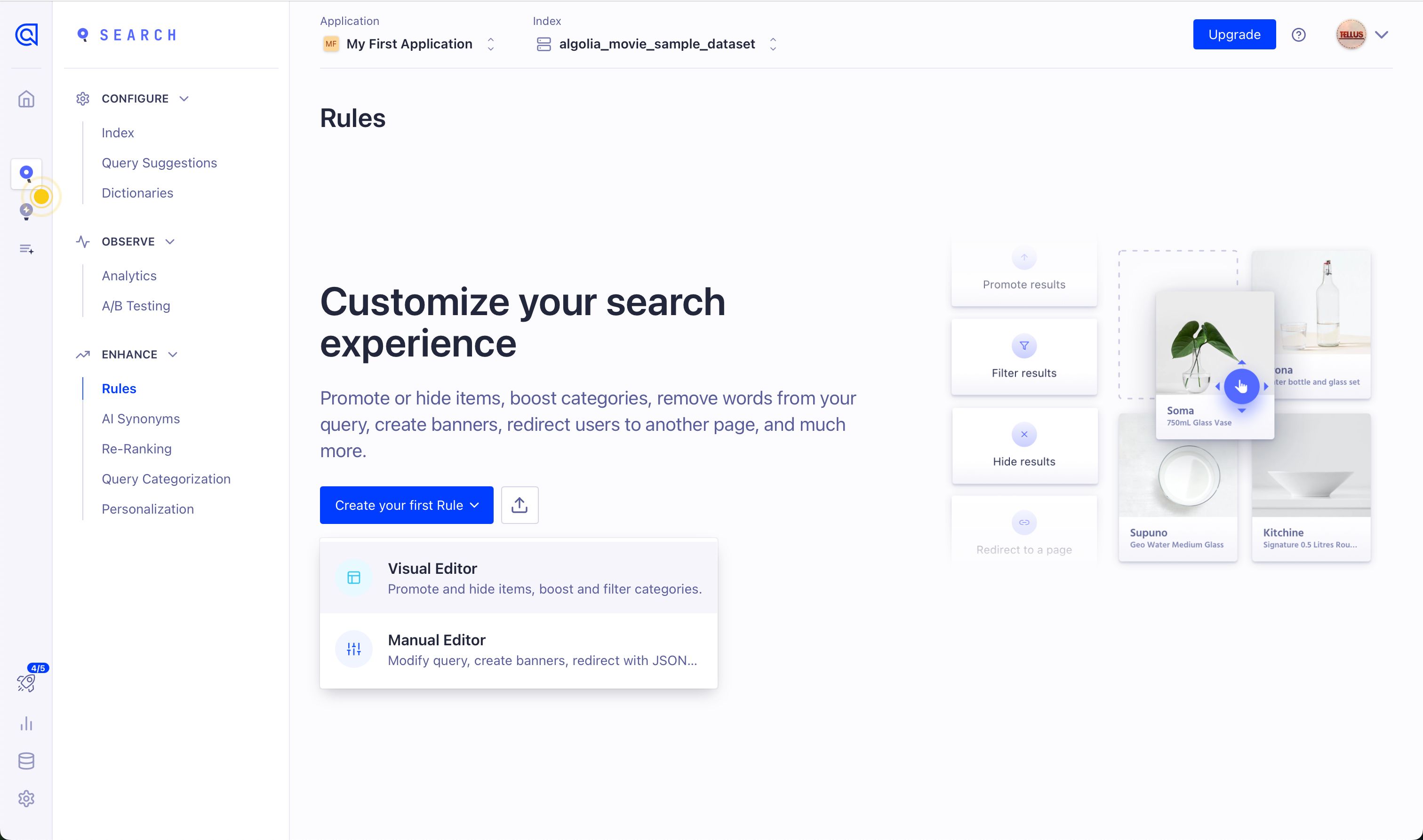 configuration/settings (Algolia)