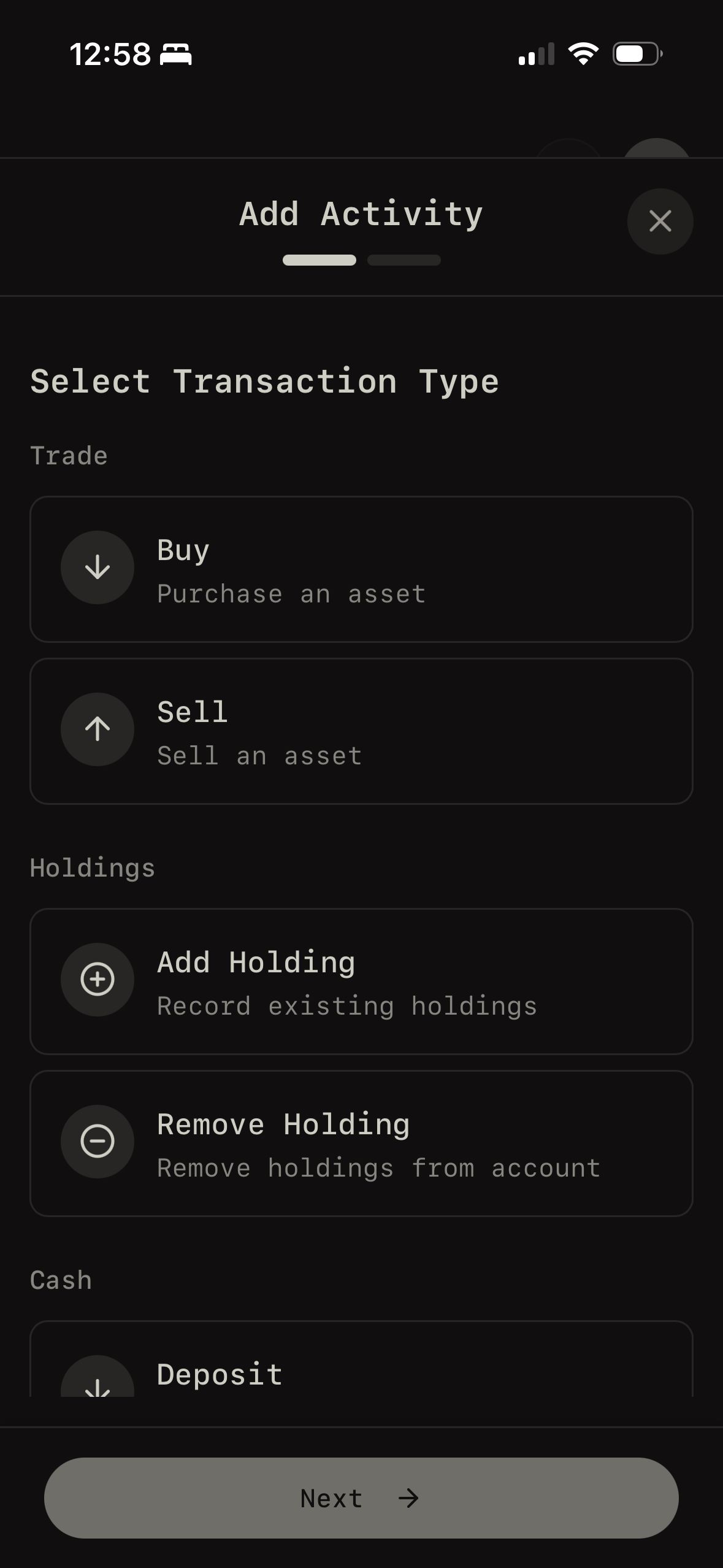 Transaction Selection (Wealthfolio)