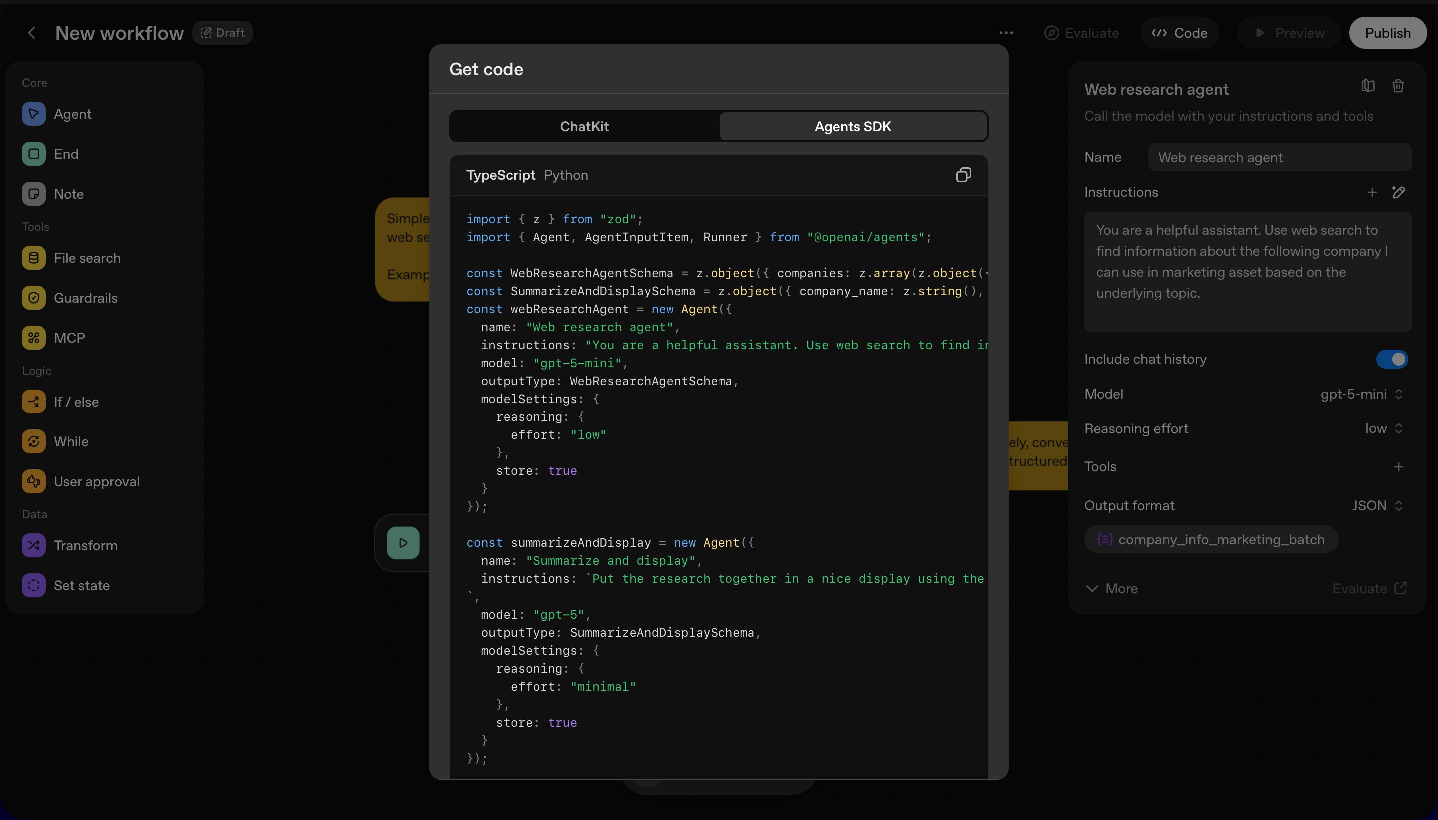 code editor (OpenAI Agent Builder)