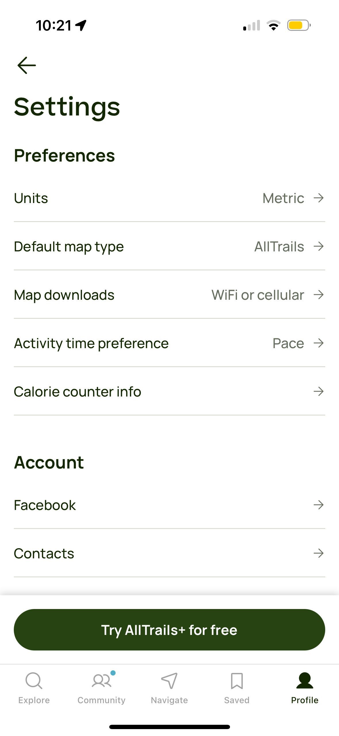 settings (AllTrails)