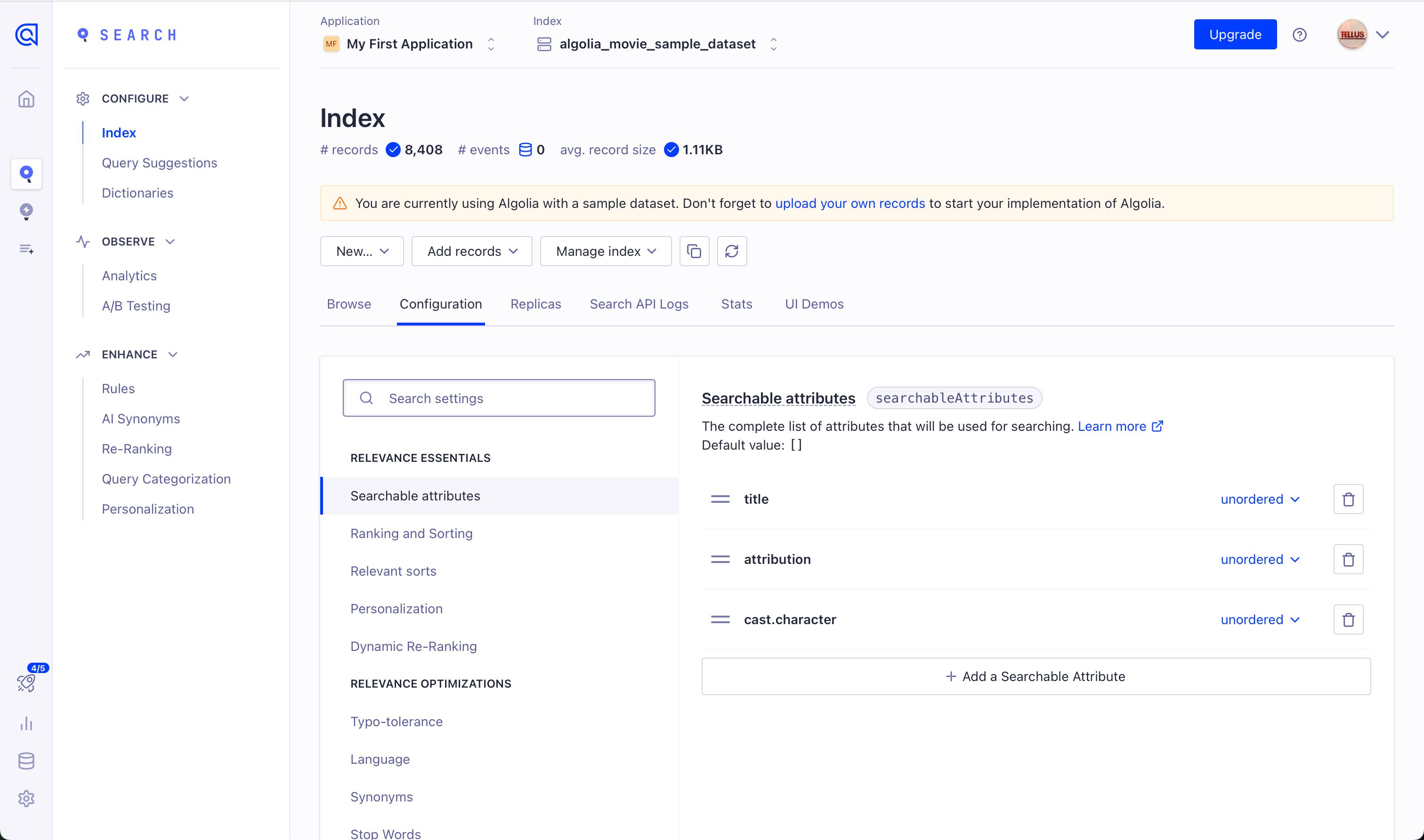 Settings / Configuration (Algolia)