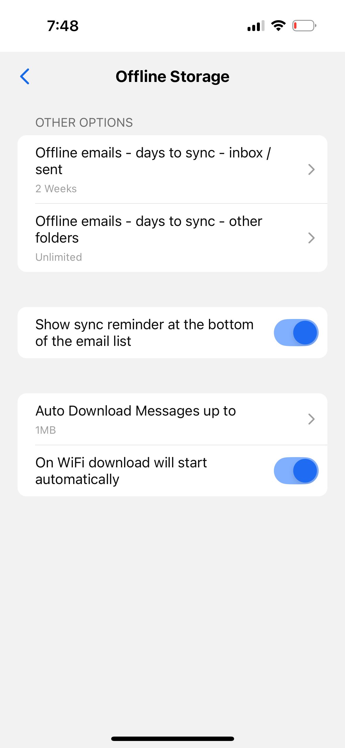 settings (BlueMail)
