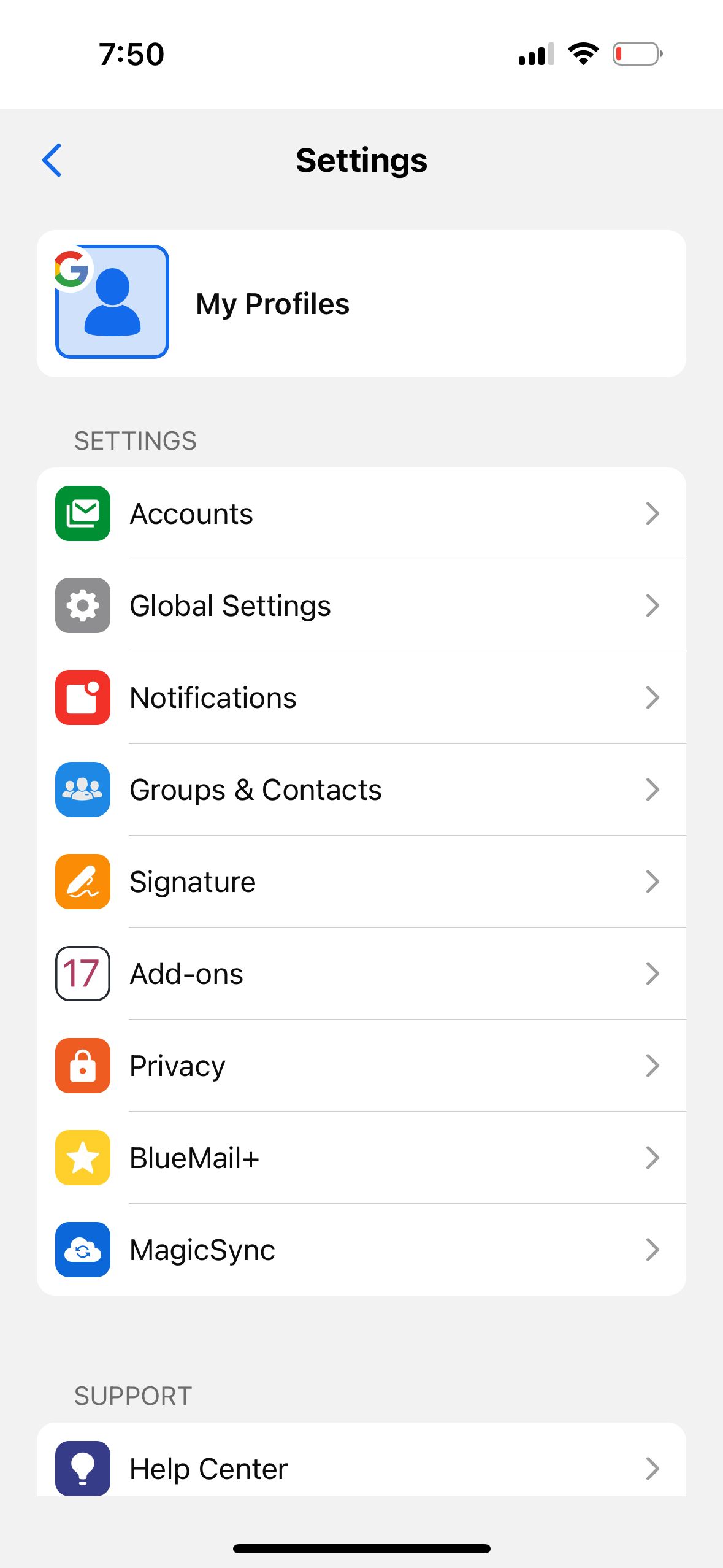 Settings (BlueMail)