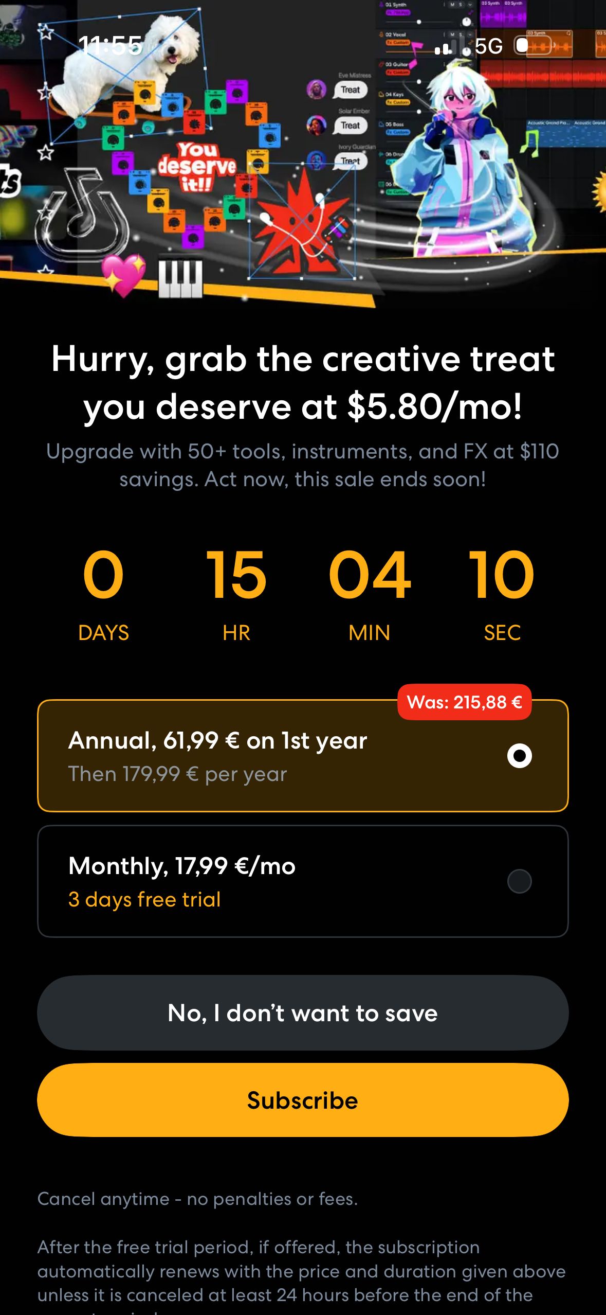 subscription screen (BandLab)