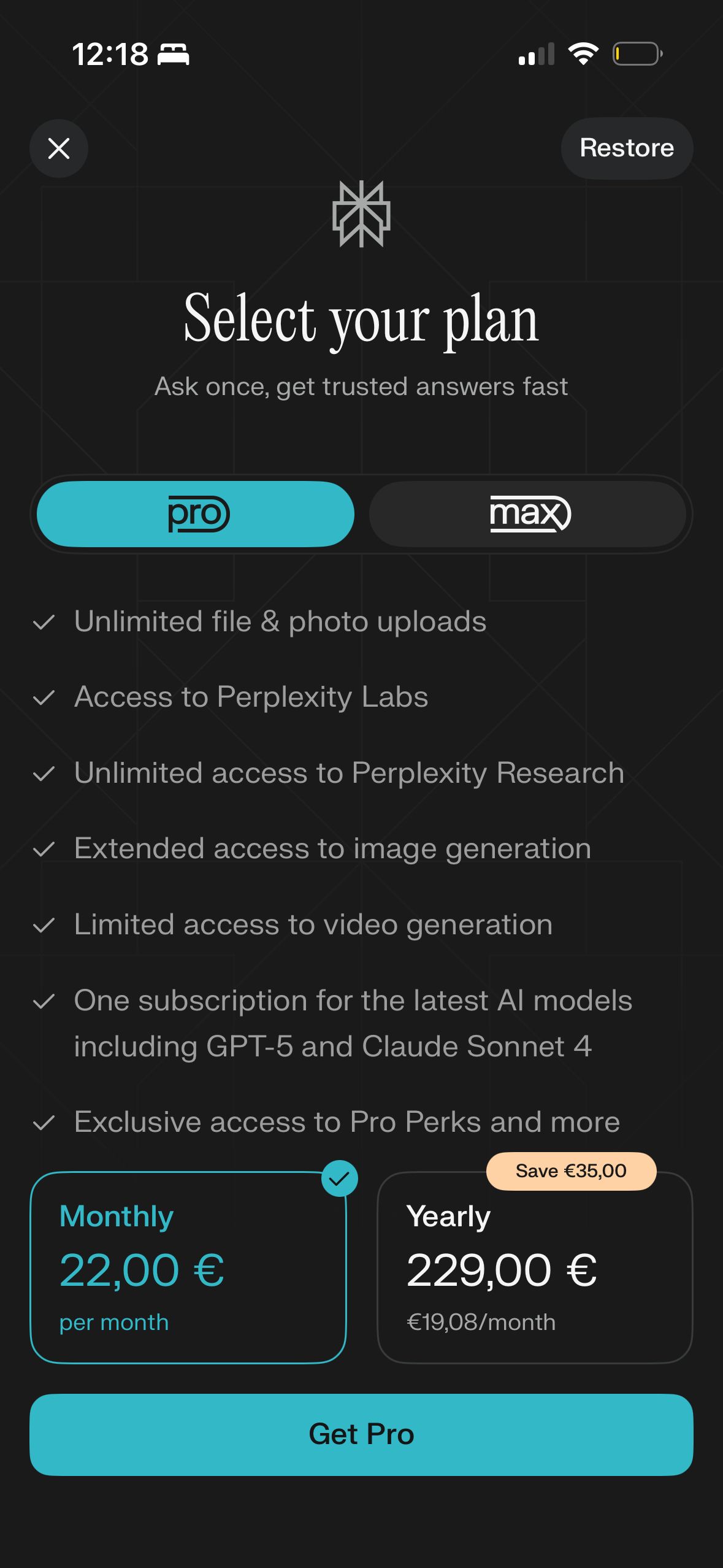 Pricing Screen (Perplexity)