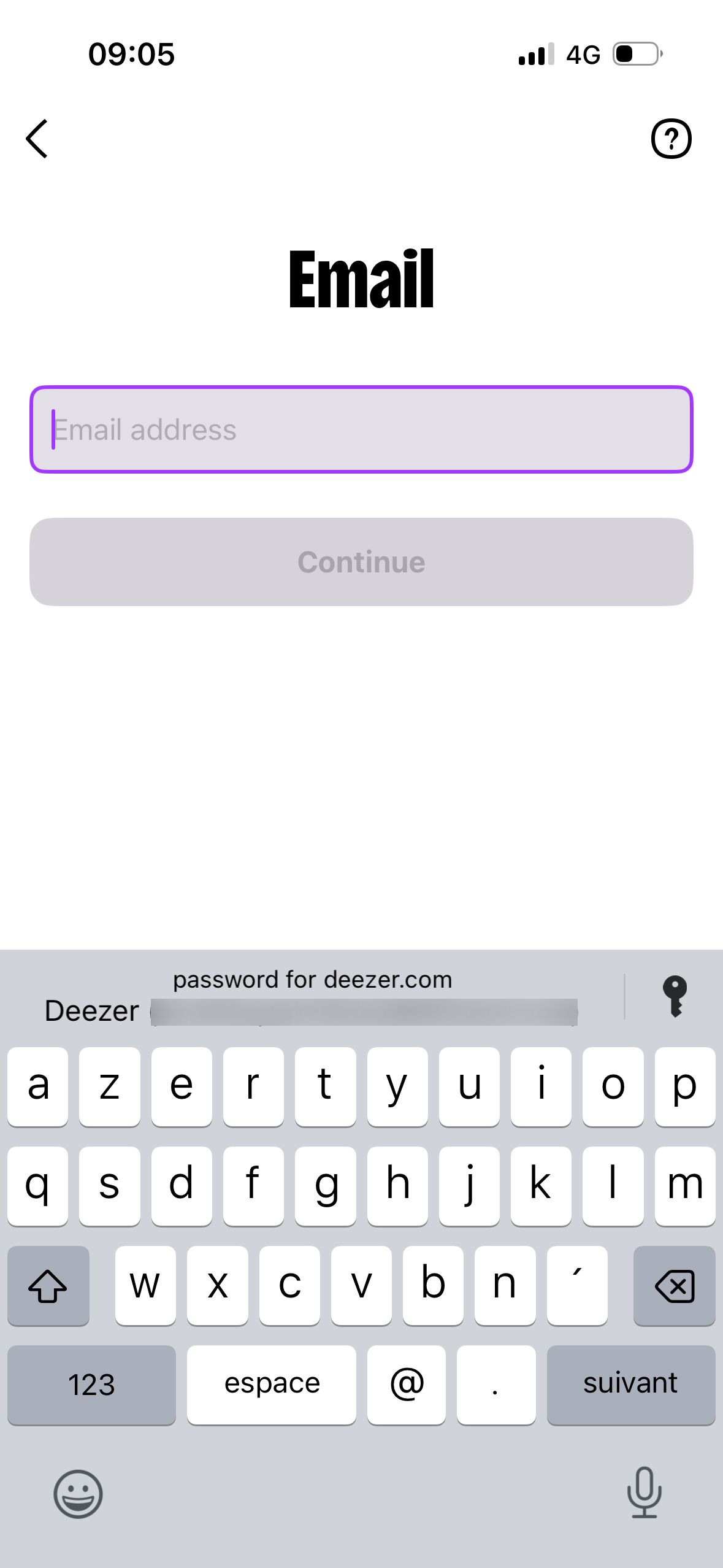 email input screen (Deezer)