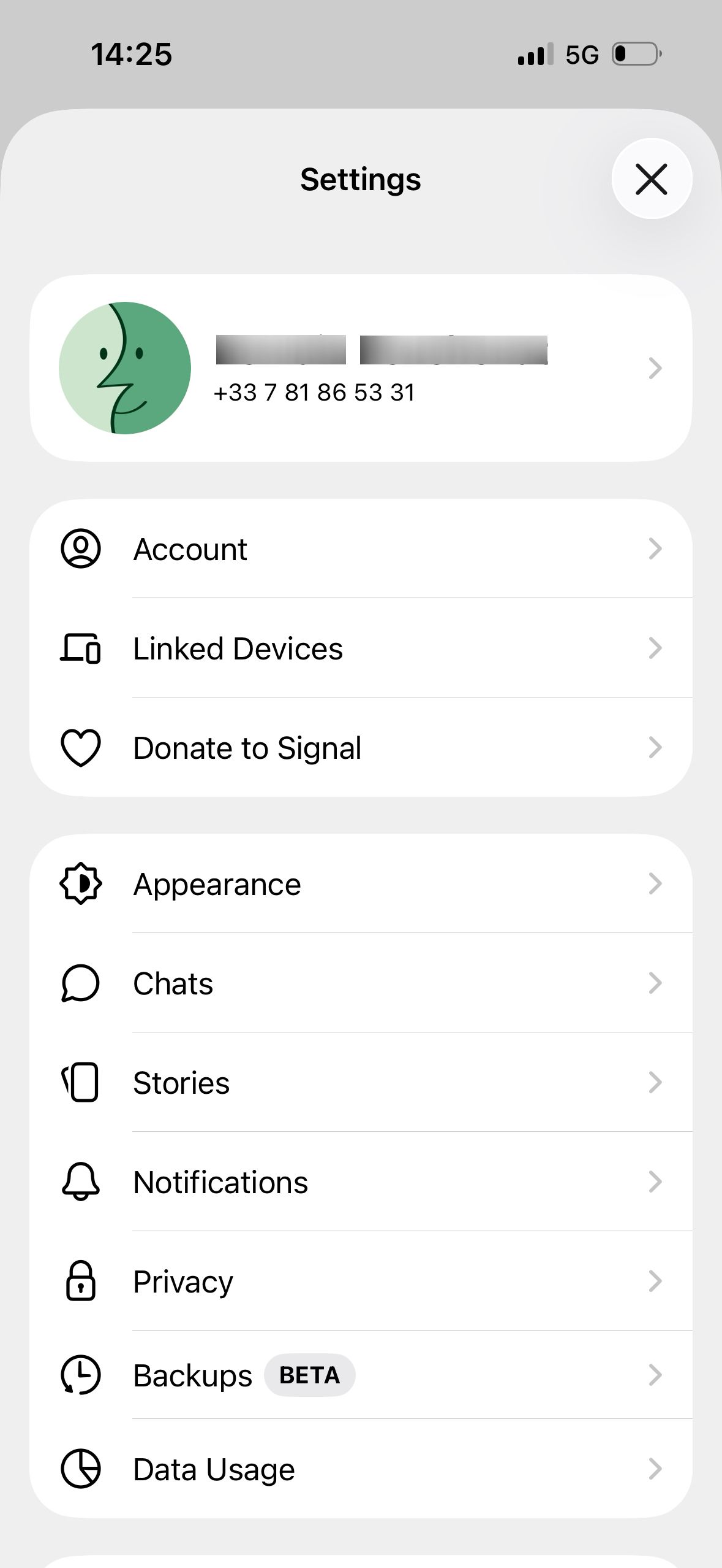 settings screen (Signal)