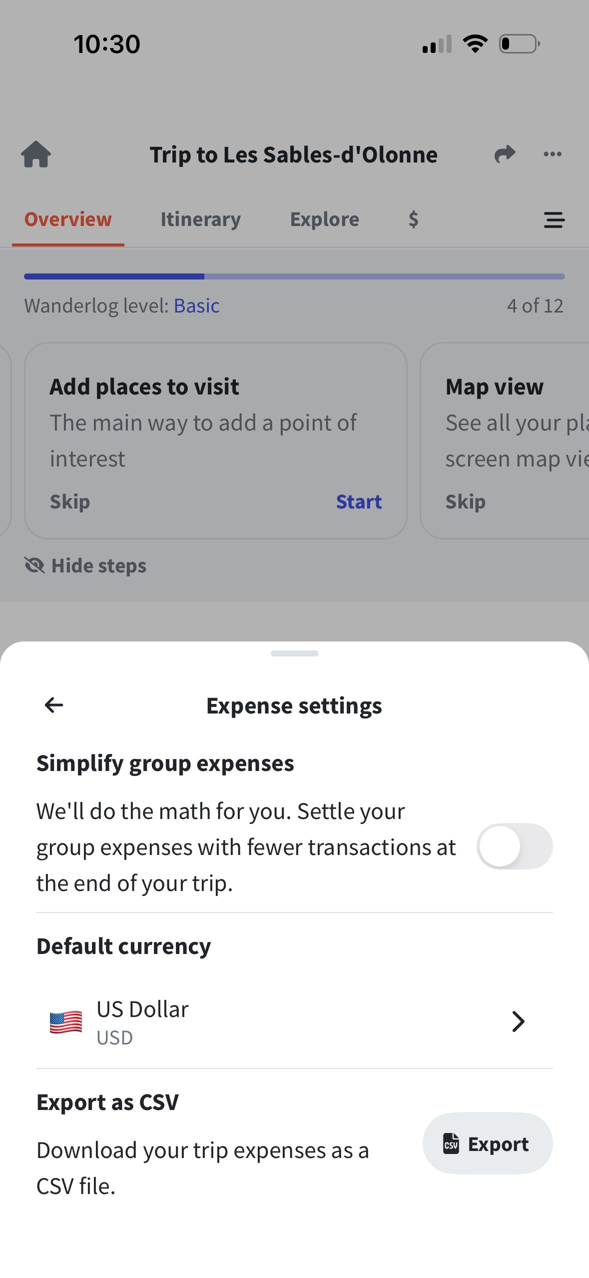 settings (Wanderlog)