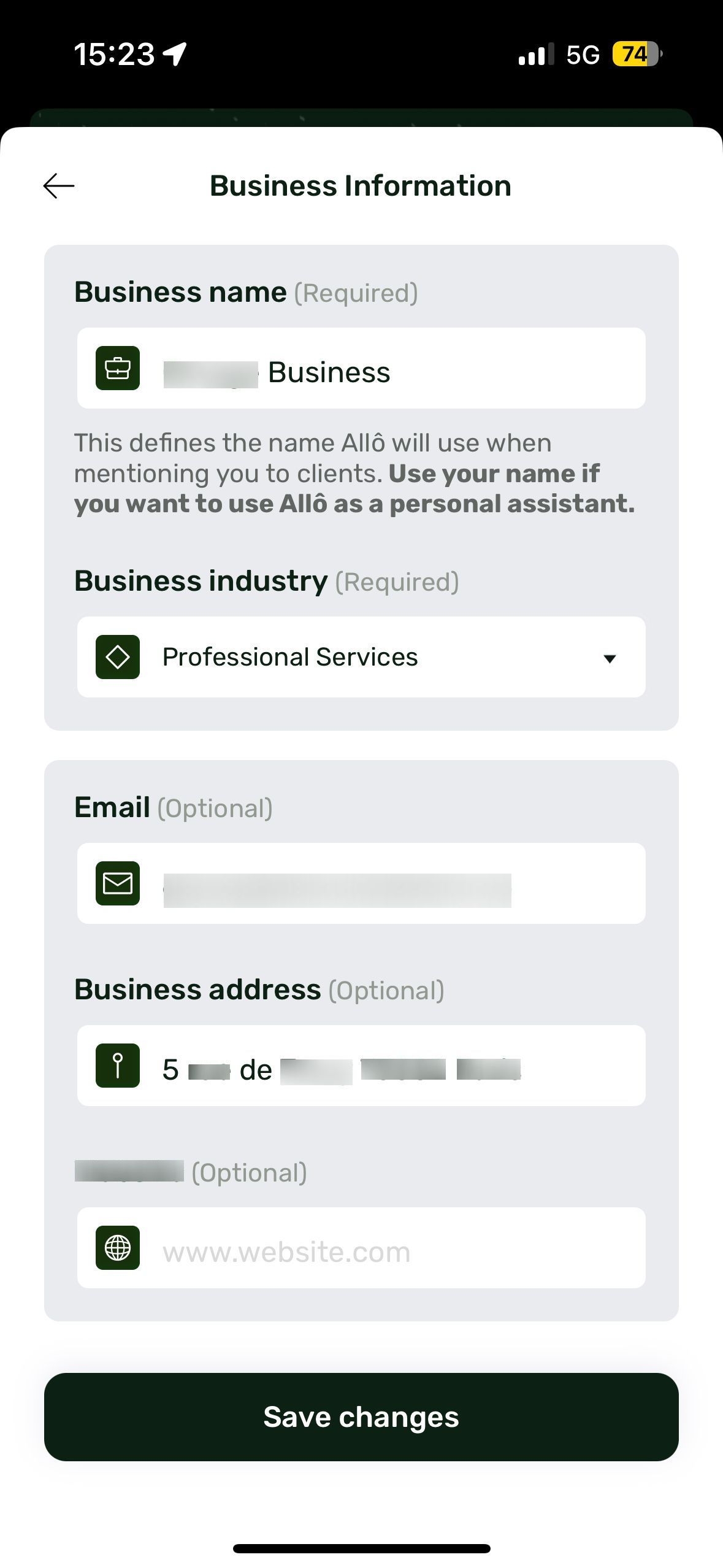 settings (Business Information)