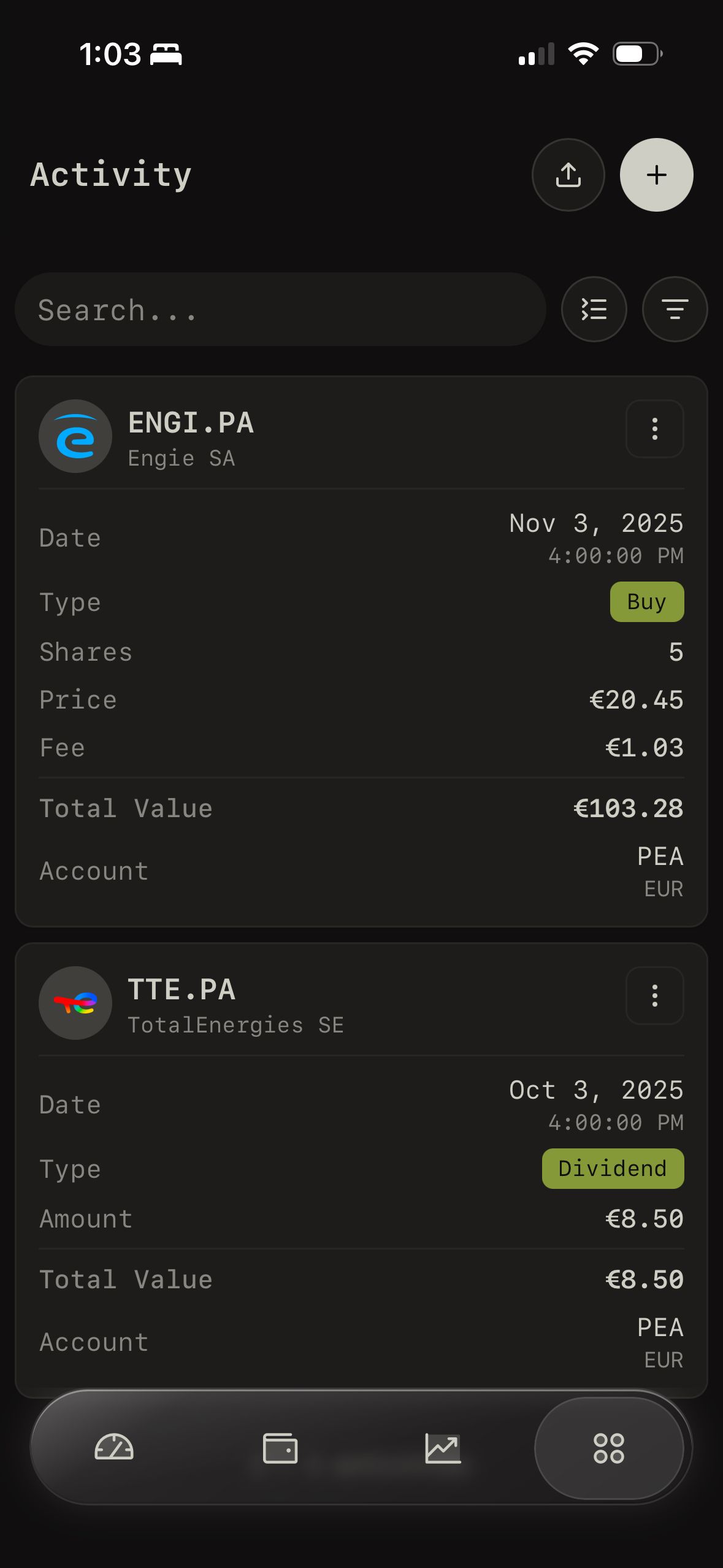 Transaction History (Wealthfolio)