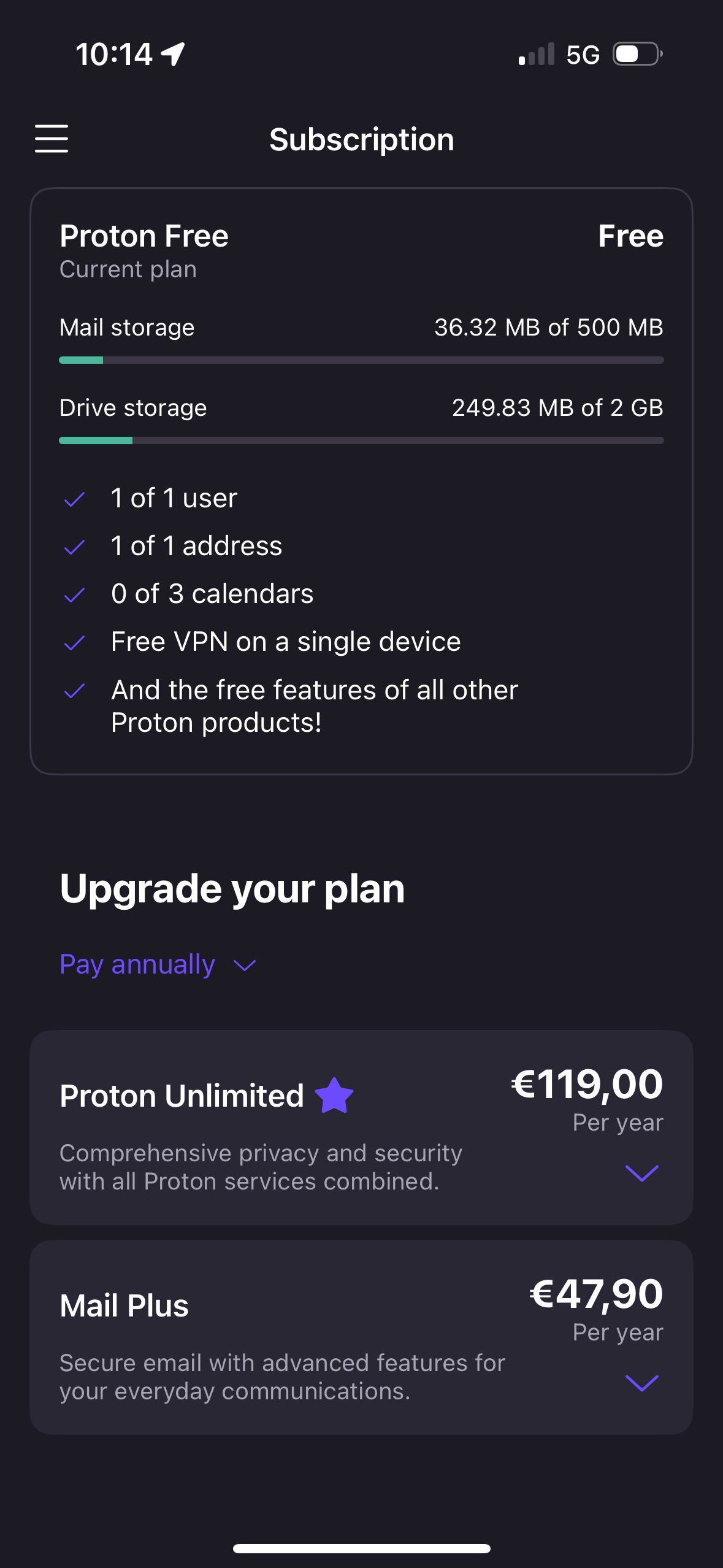 Subscription/Pricing (Proton Mail)