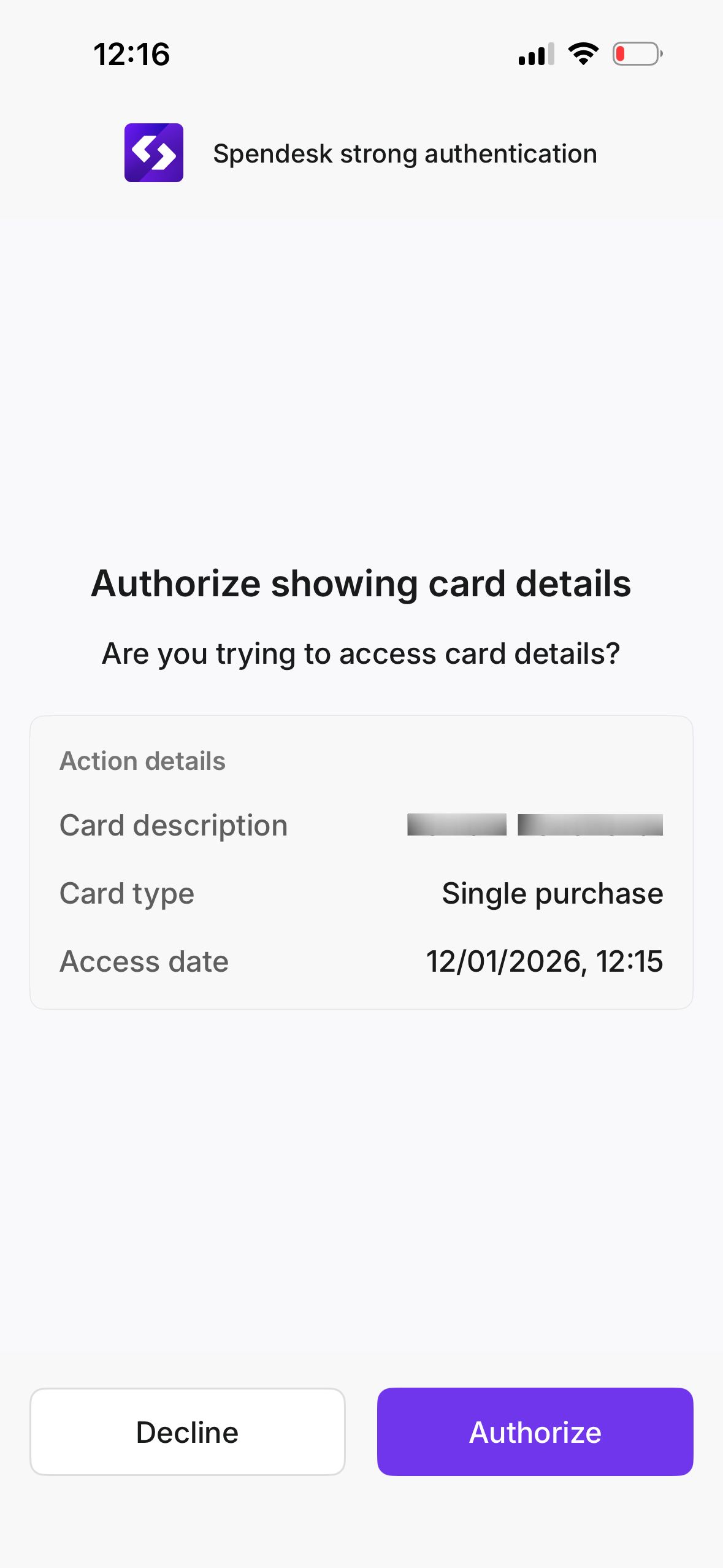 authentication screen (Spendesk)