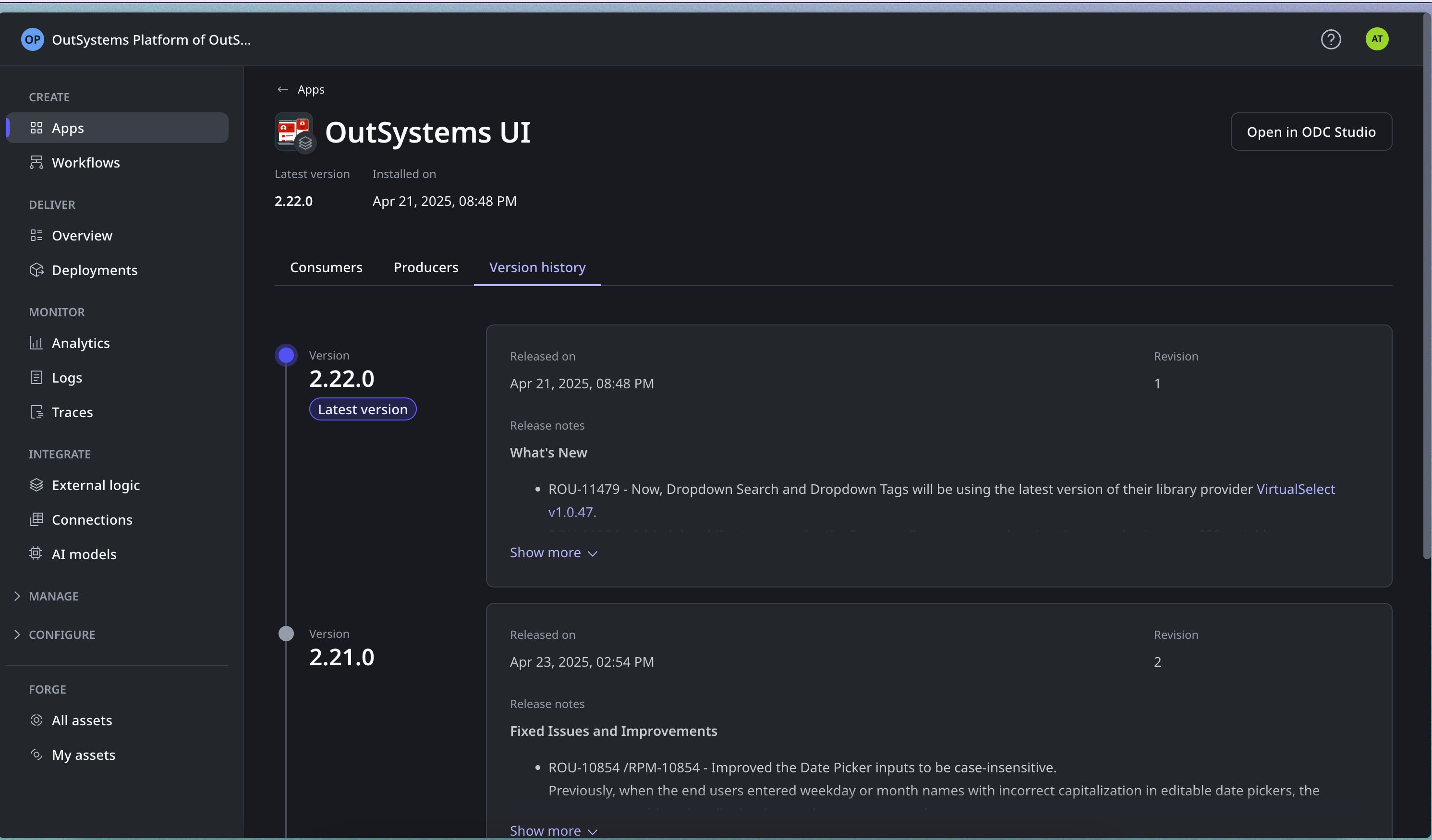 Version History (OutSystems)