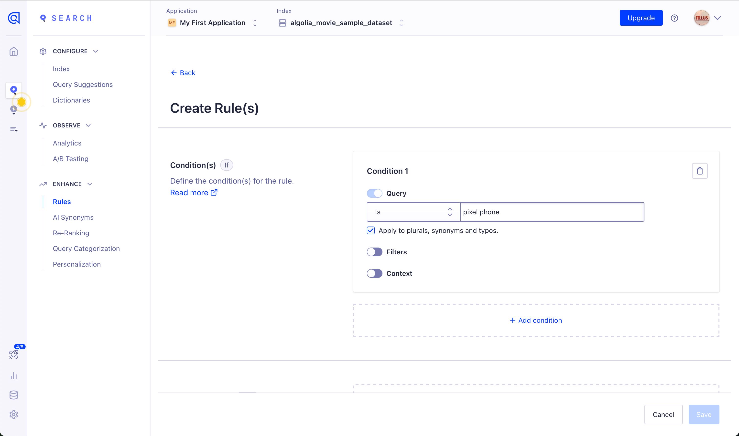 rules creation (Algolia)