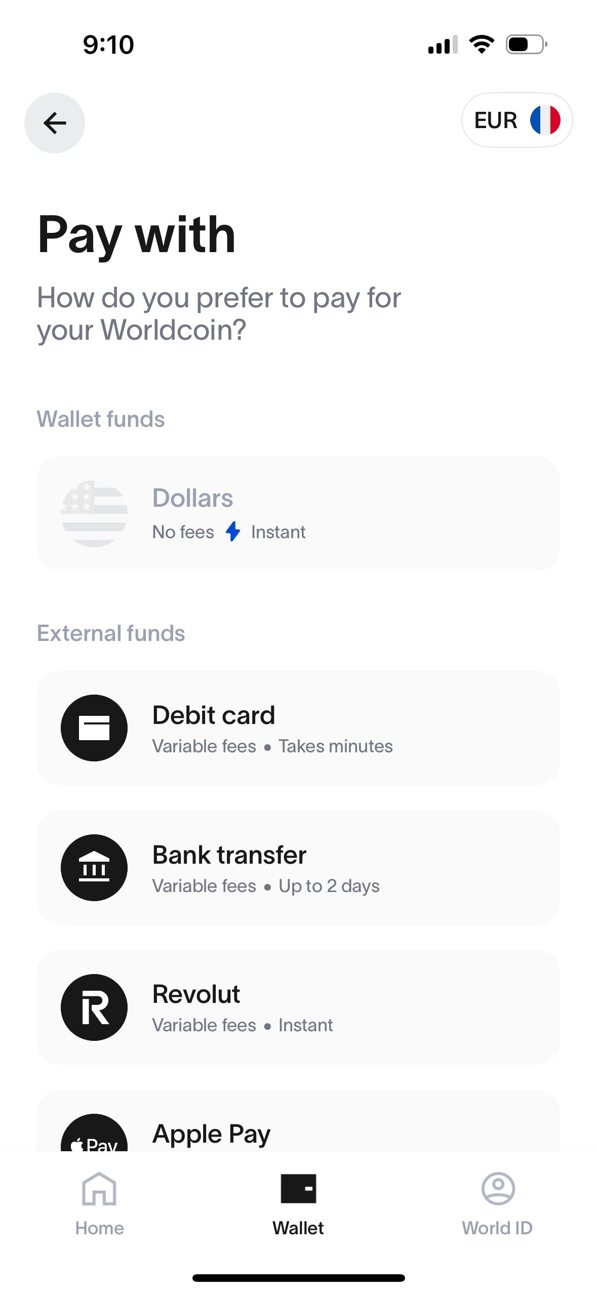 Payment options (World App)