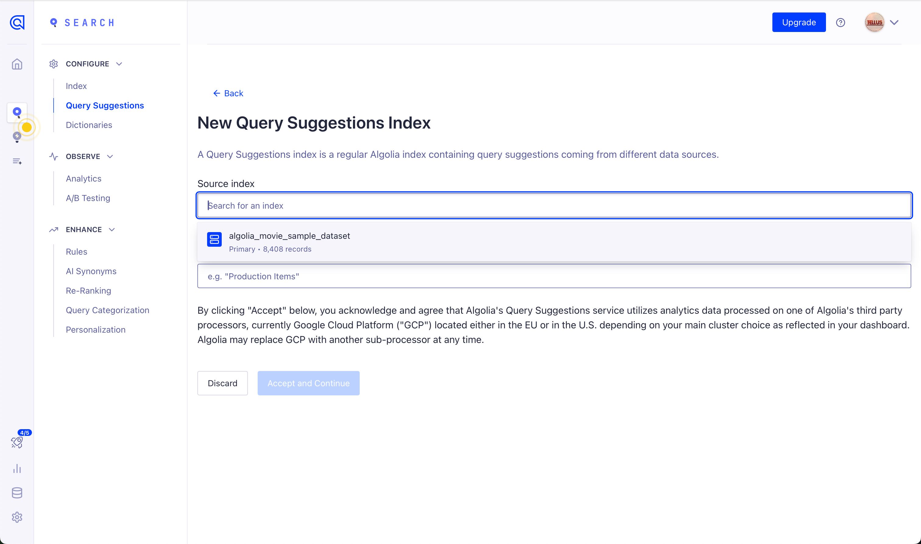 configuration/settings (Algolia)