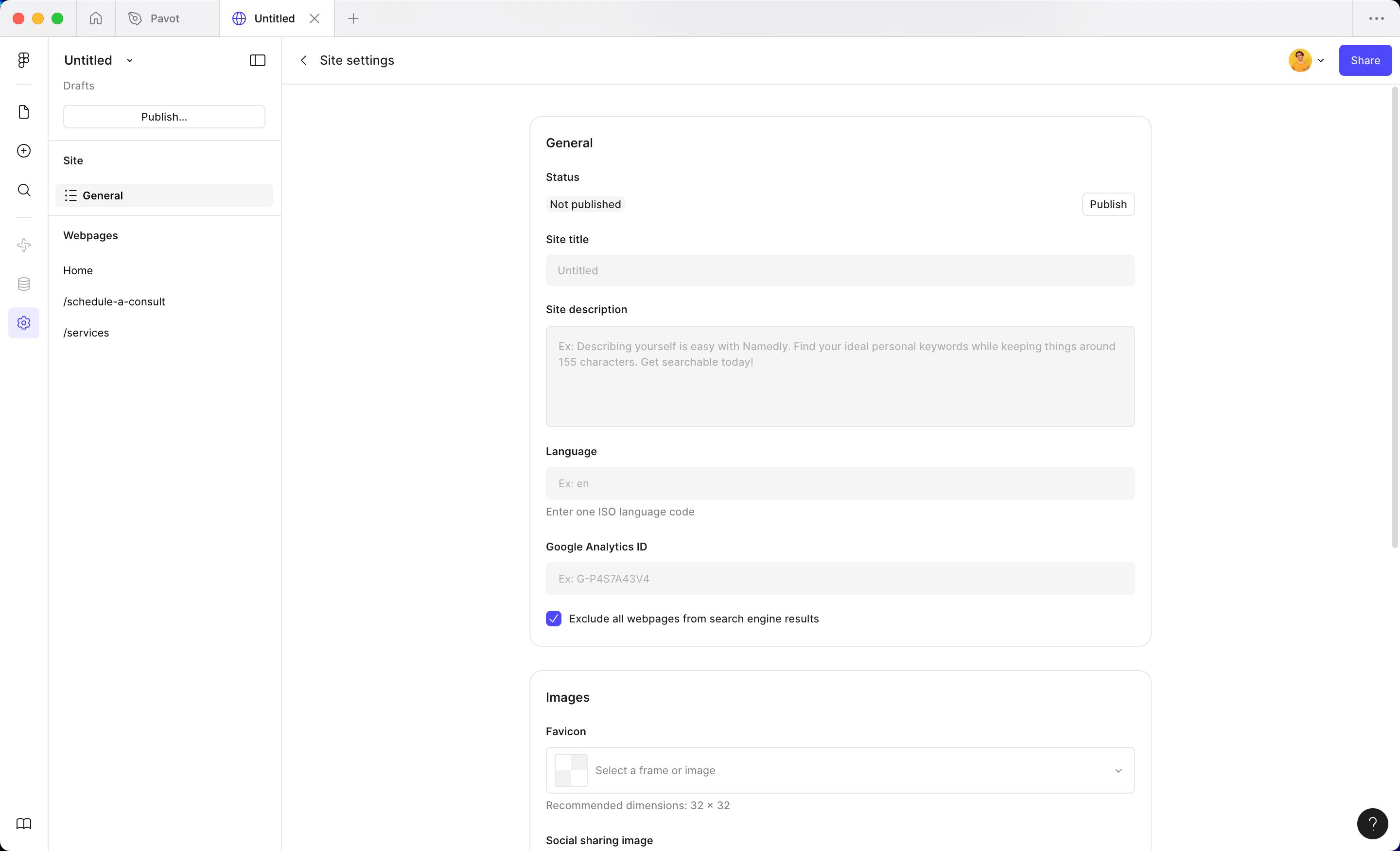 Settings panel (Figma Sites)