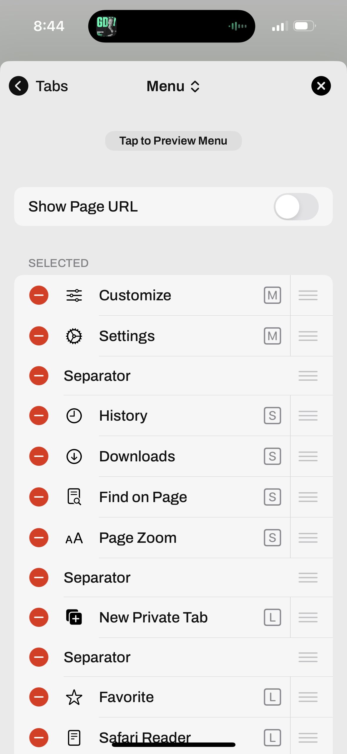settings (Quiche Browser)