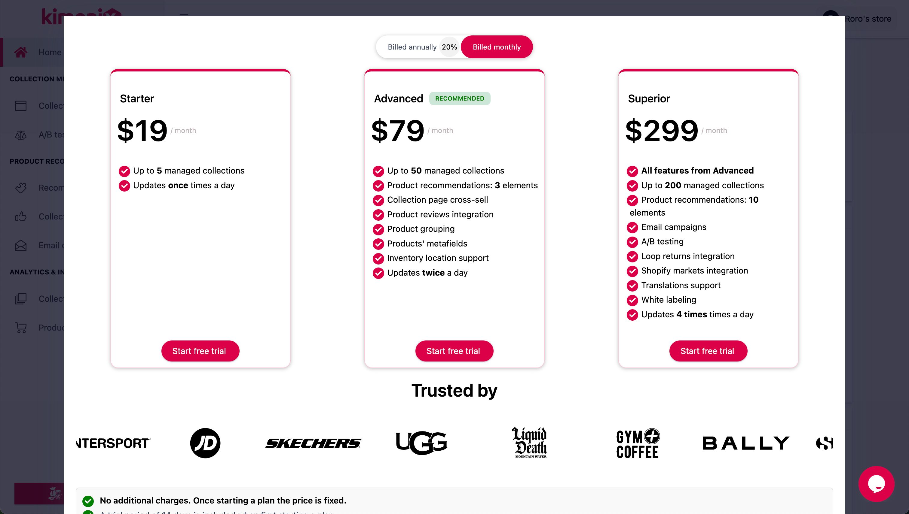 pricing page (Kimonix)