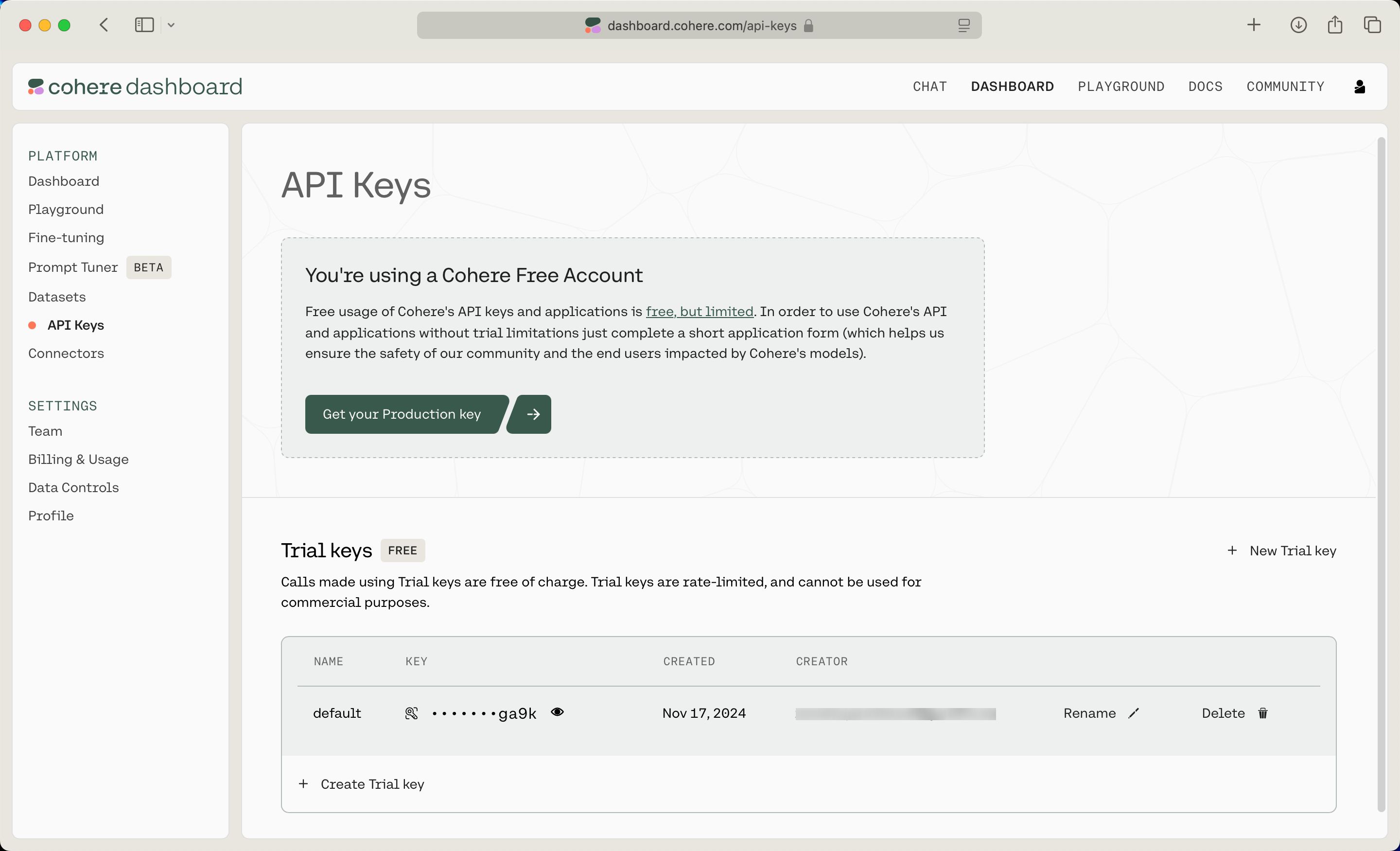 settings (Cohere Dashboard)