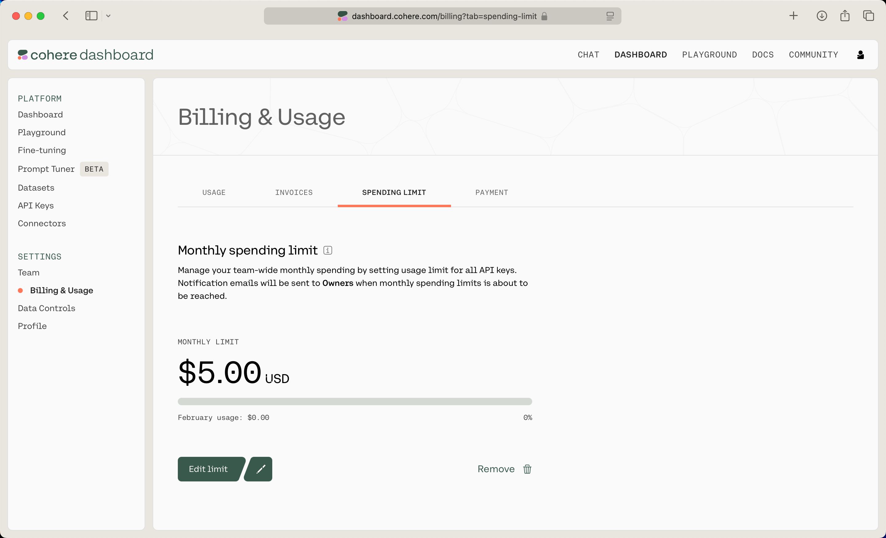 settings (Cohere Dashboard)