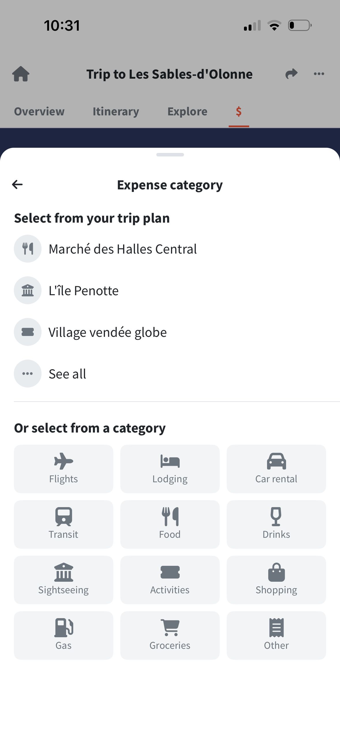 Expense Category Selection (Wanderlog)