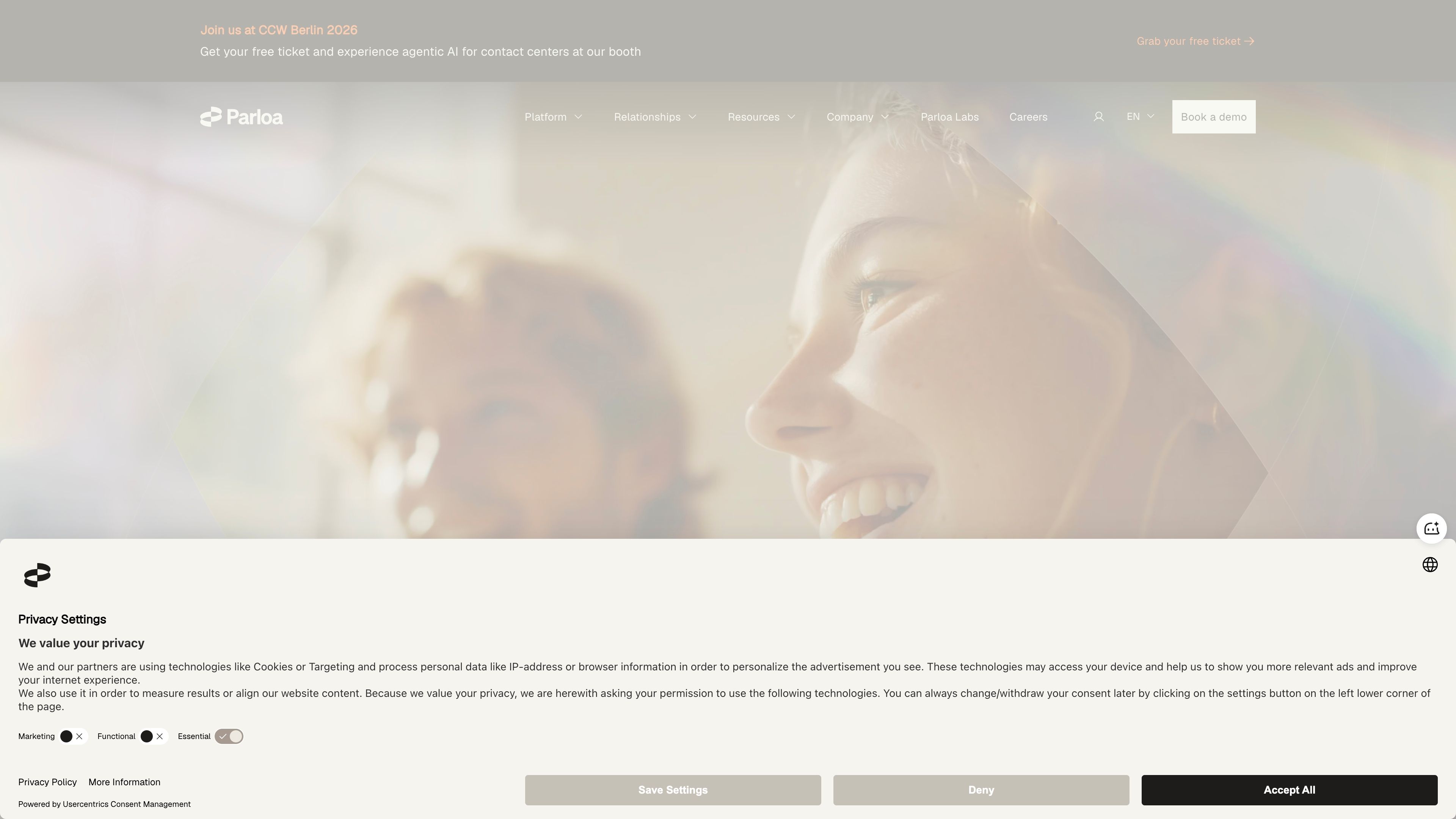 cookie consent banner (Parloa)