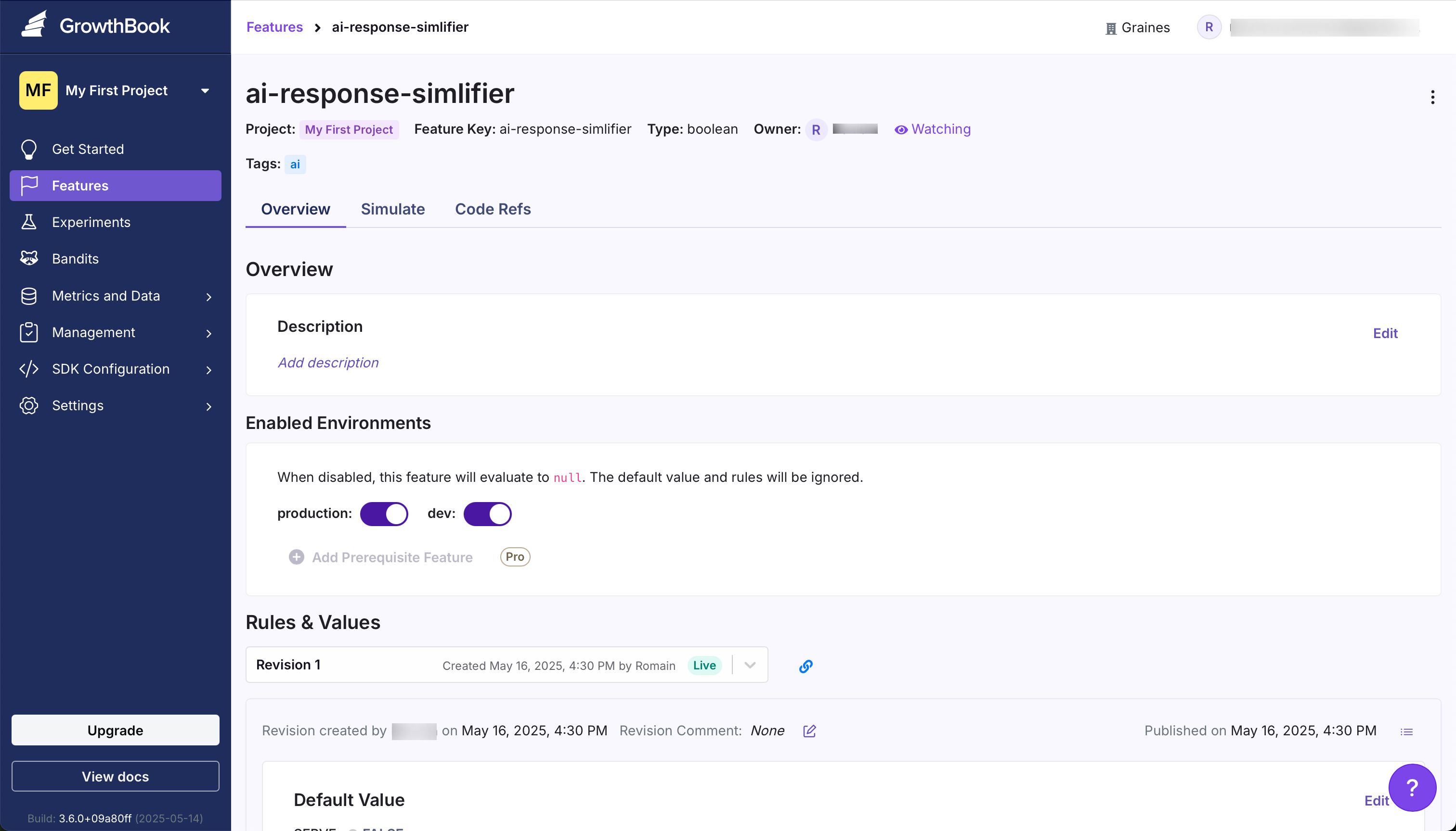 settings panel (Growthbook)
