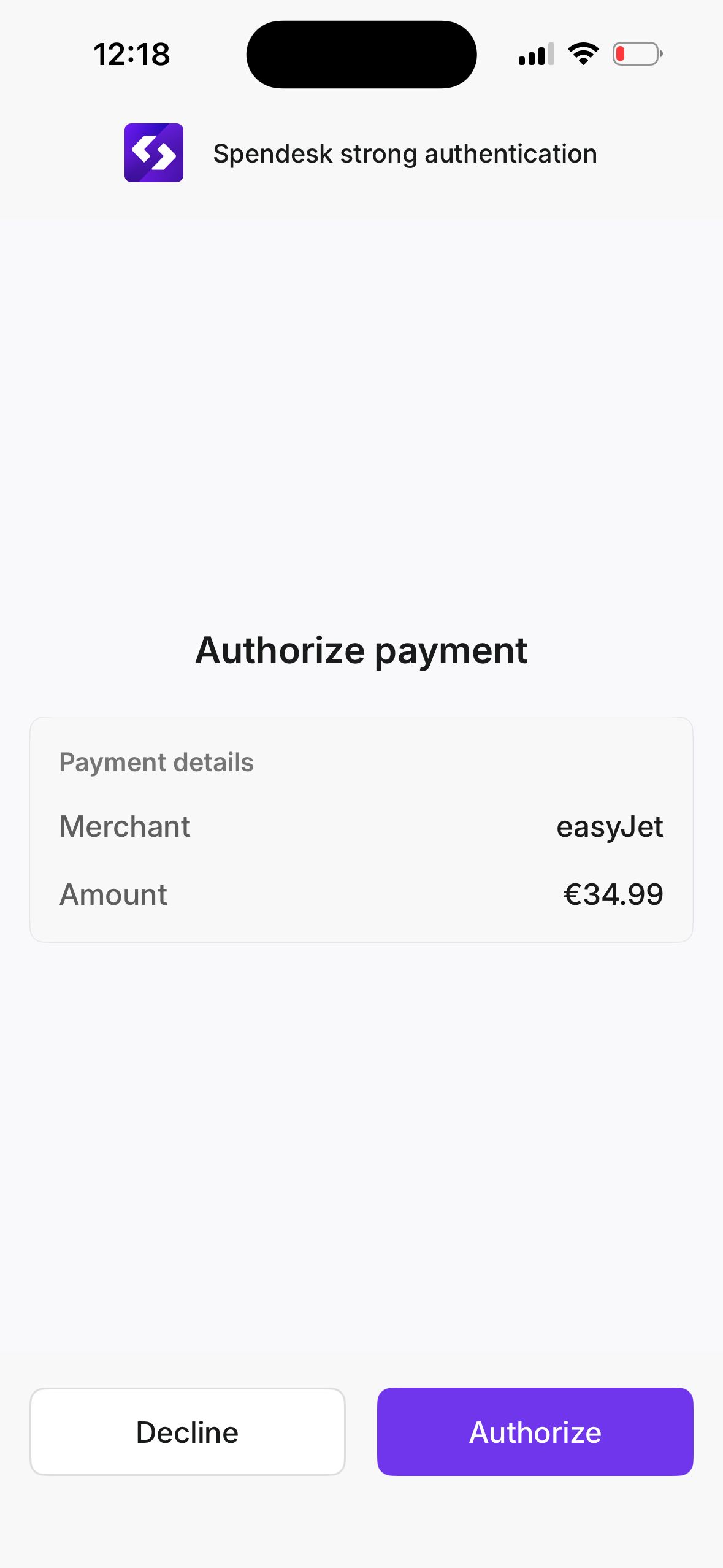 payment authorization screen (Spendesk)