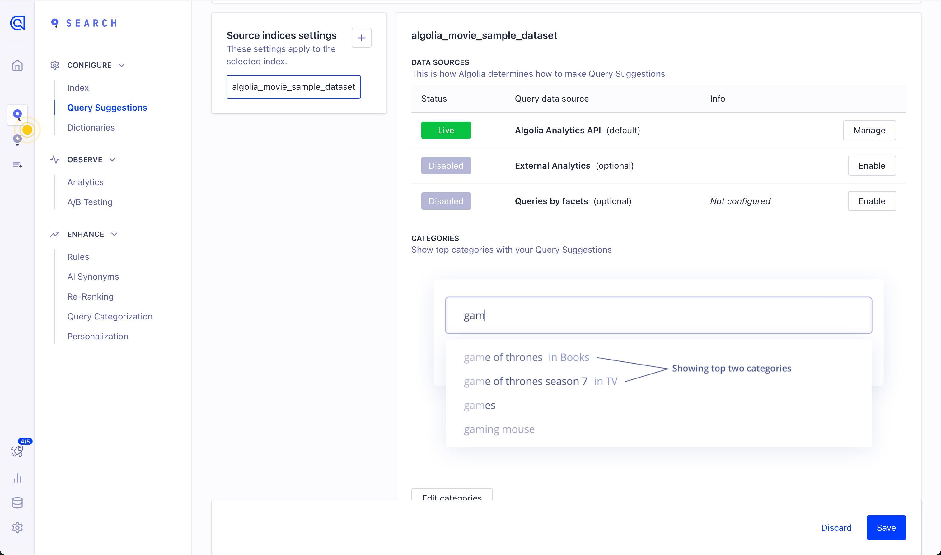 Settings Panel (Algolia)
