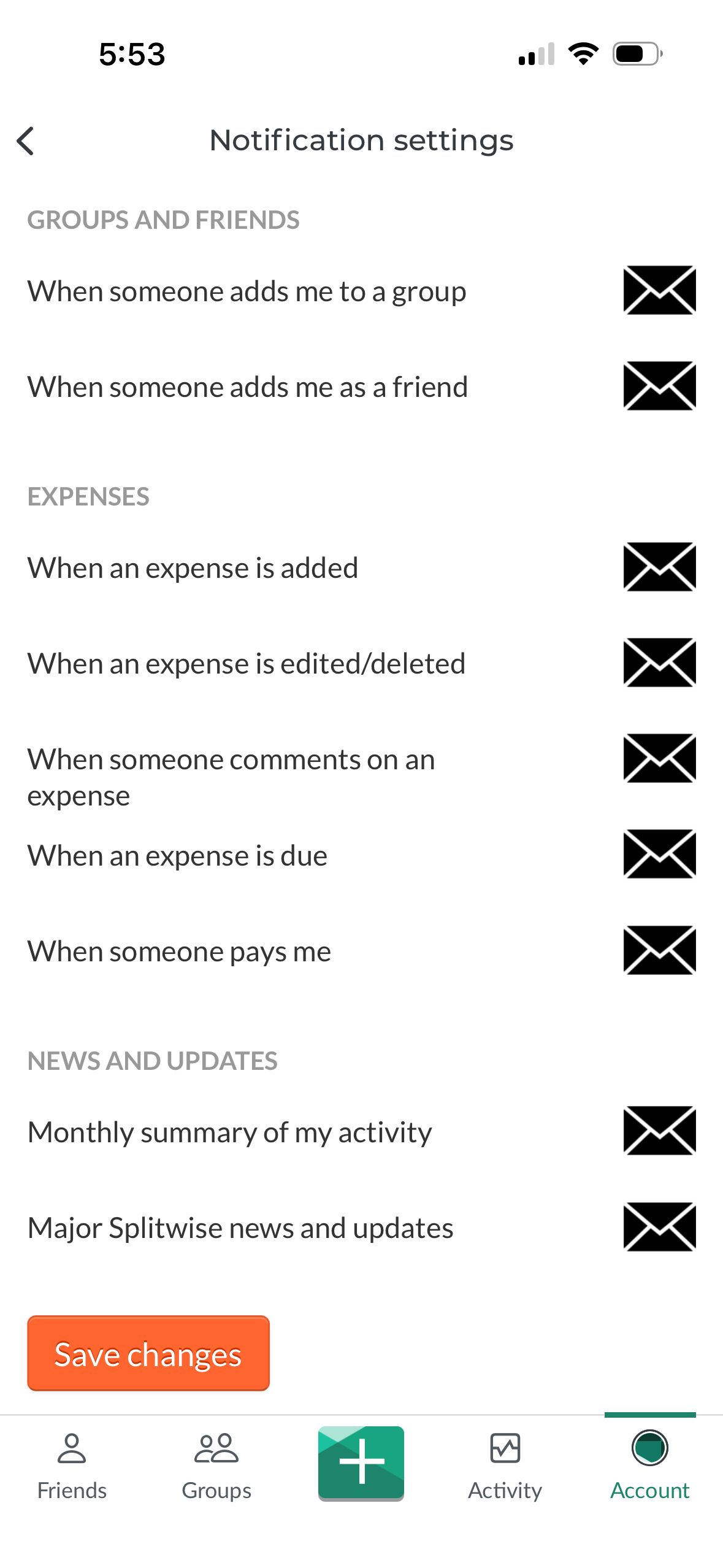 settings (Splitwise)