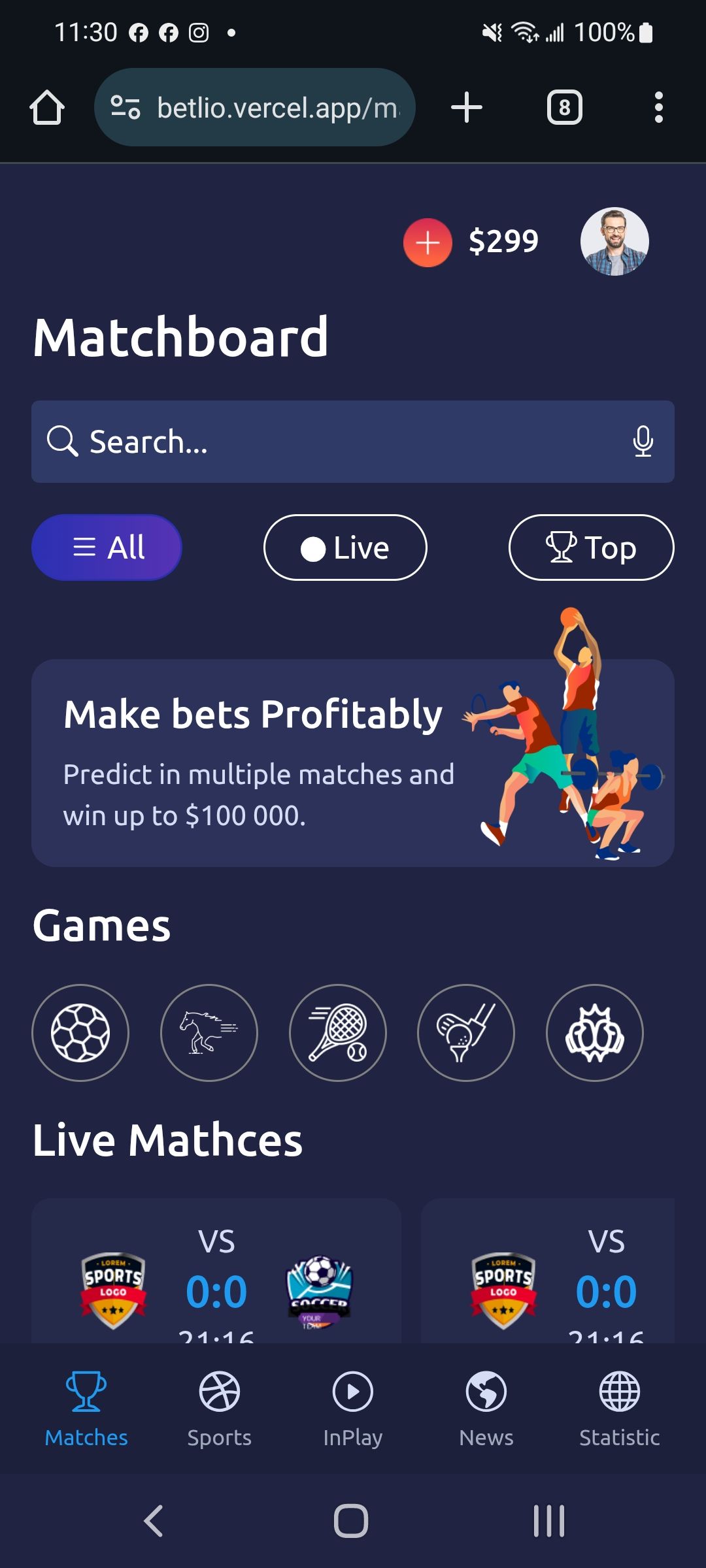 mobile app - betting dashboard