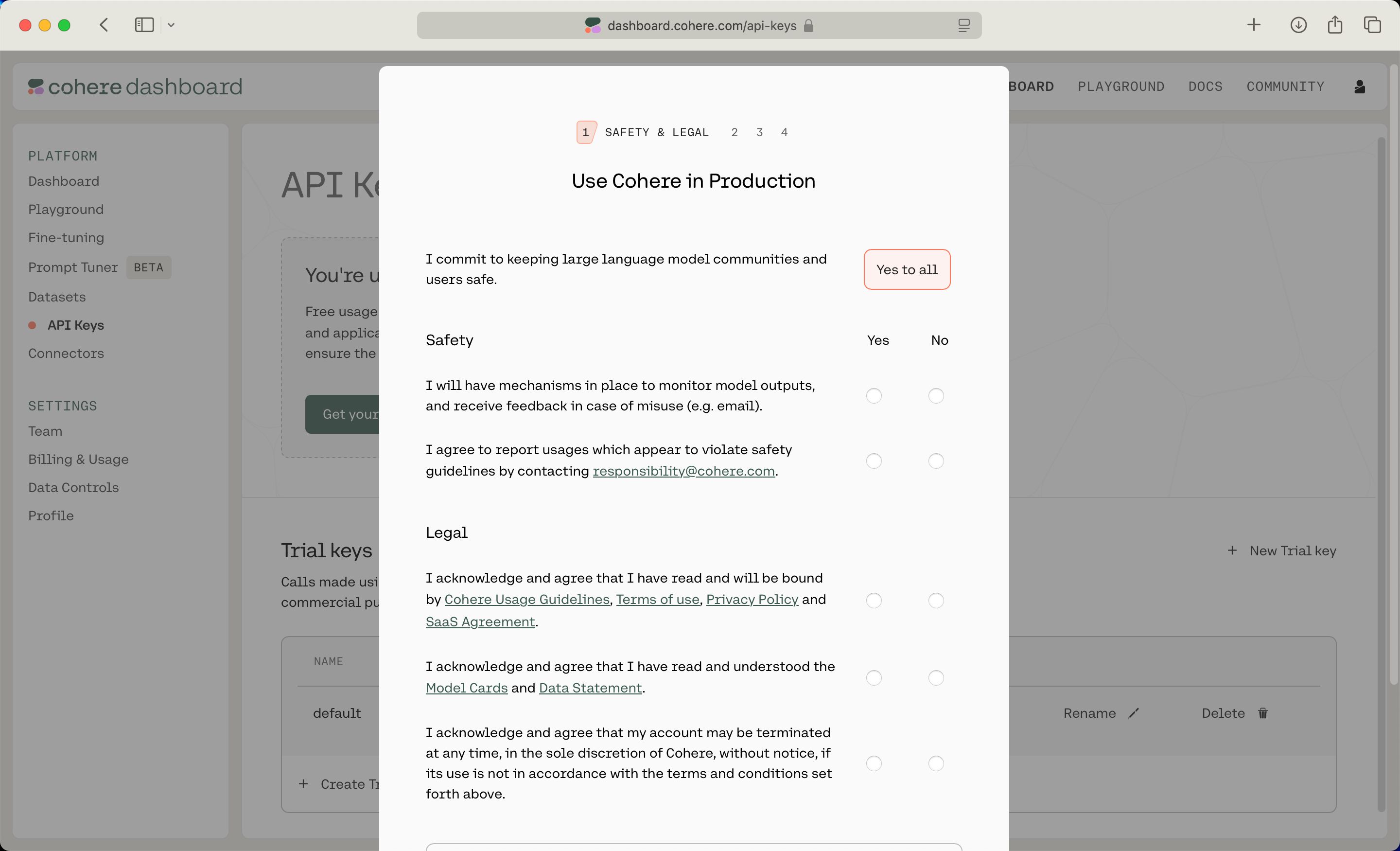 settings (Cohere Dashboard)