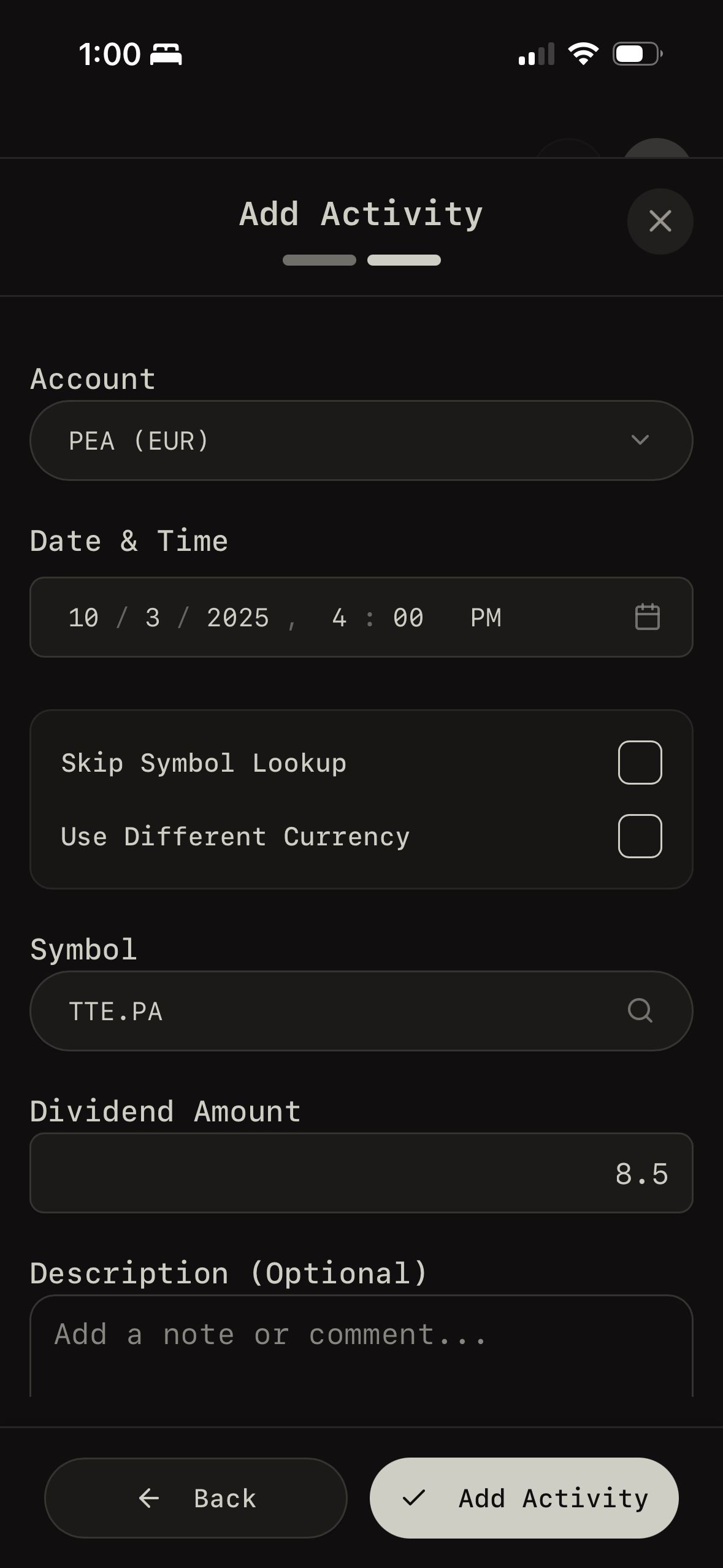 Form Screen (Wealthfolio)