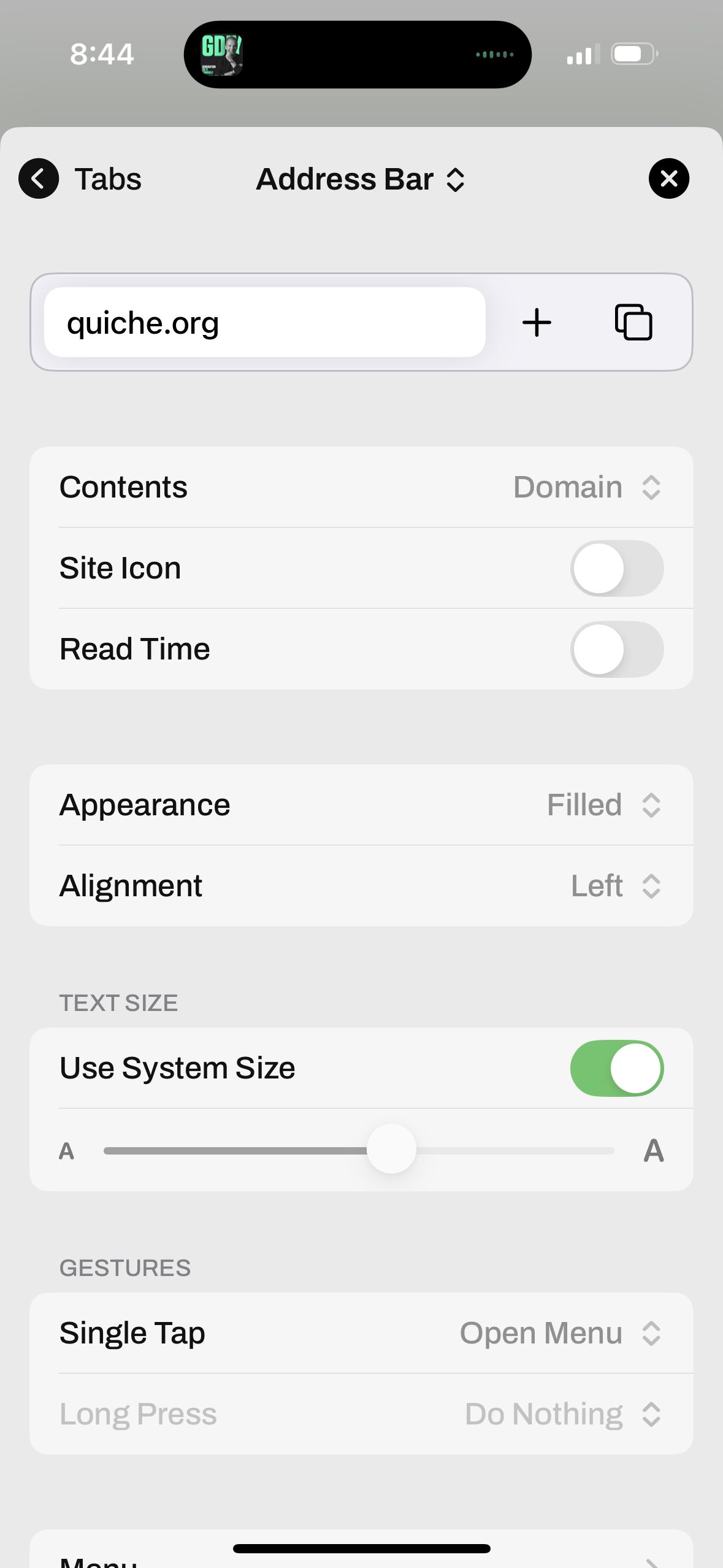settings (Quiche Browser)